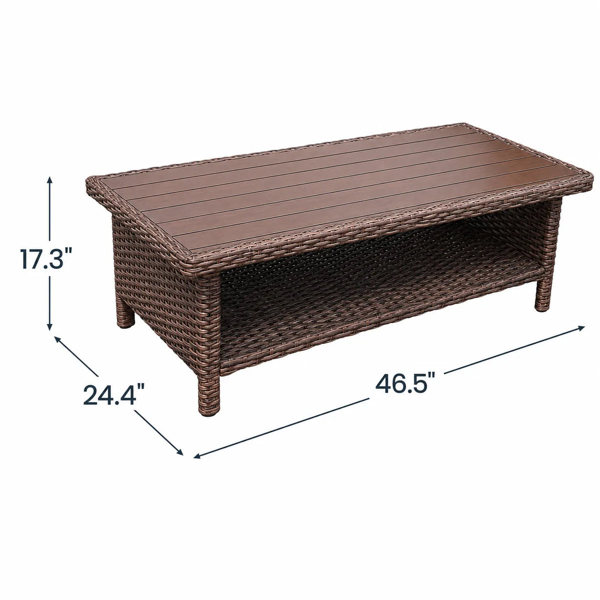 Patio Wicker Coffee Table with Wood-Look Metal Top