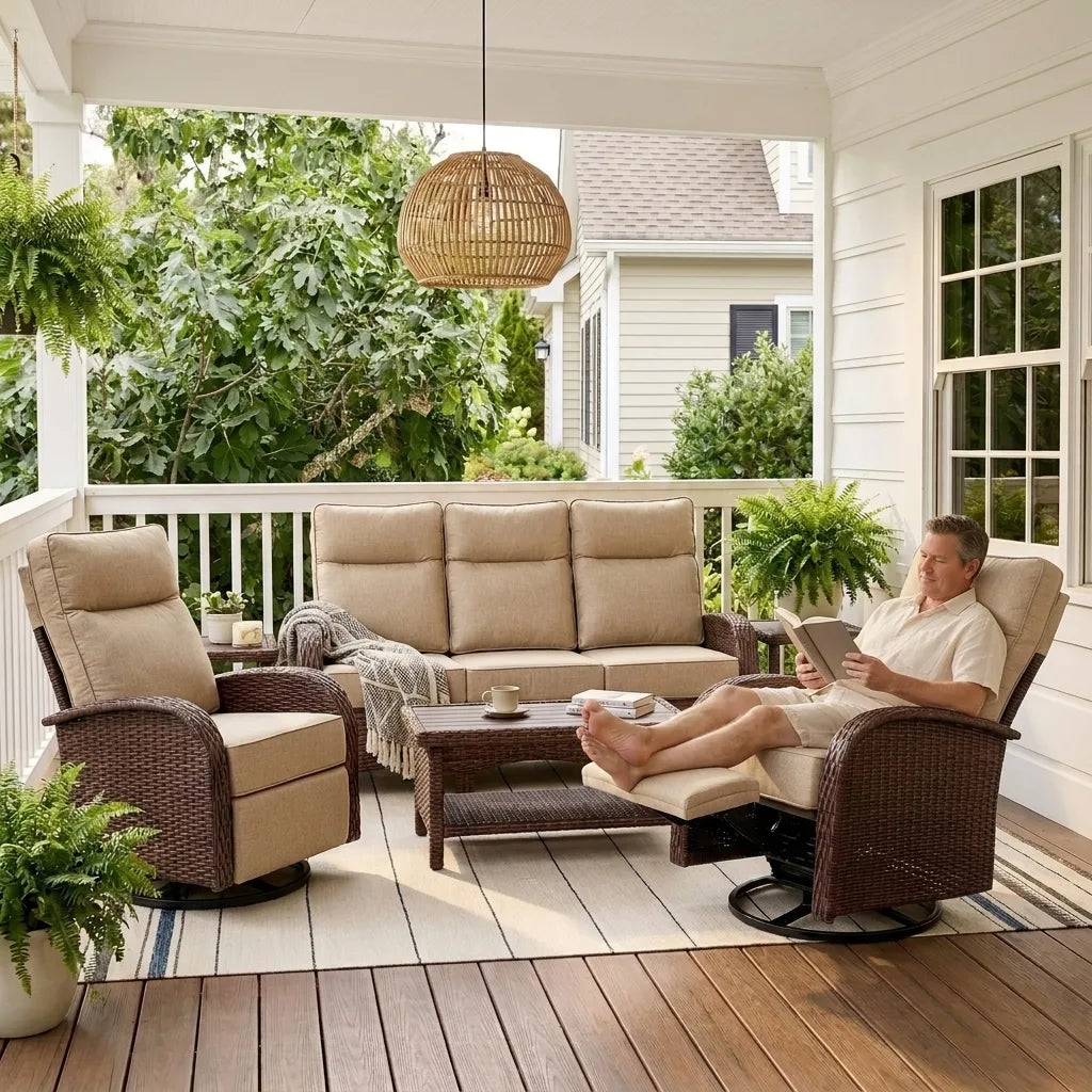 5PC Beige Resort-Grade Patio Wicker Motion Sofa Set with Swivel Glider Recliners