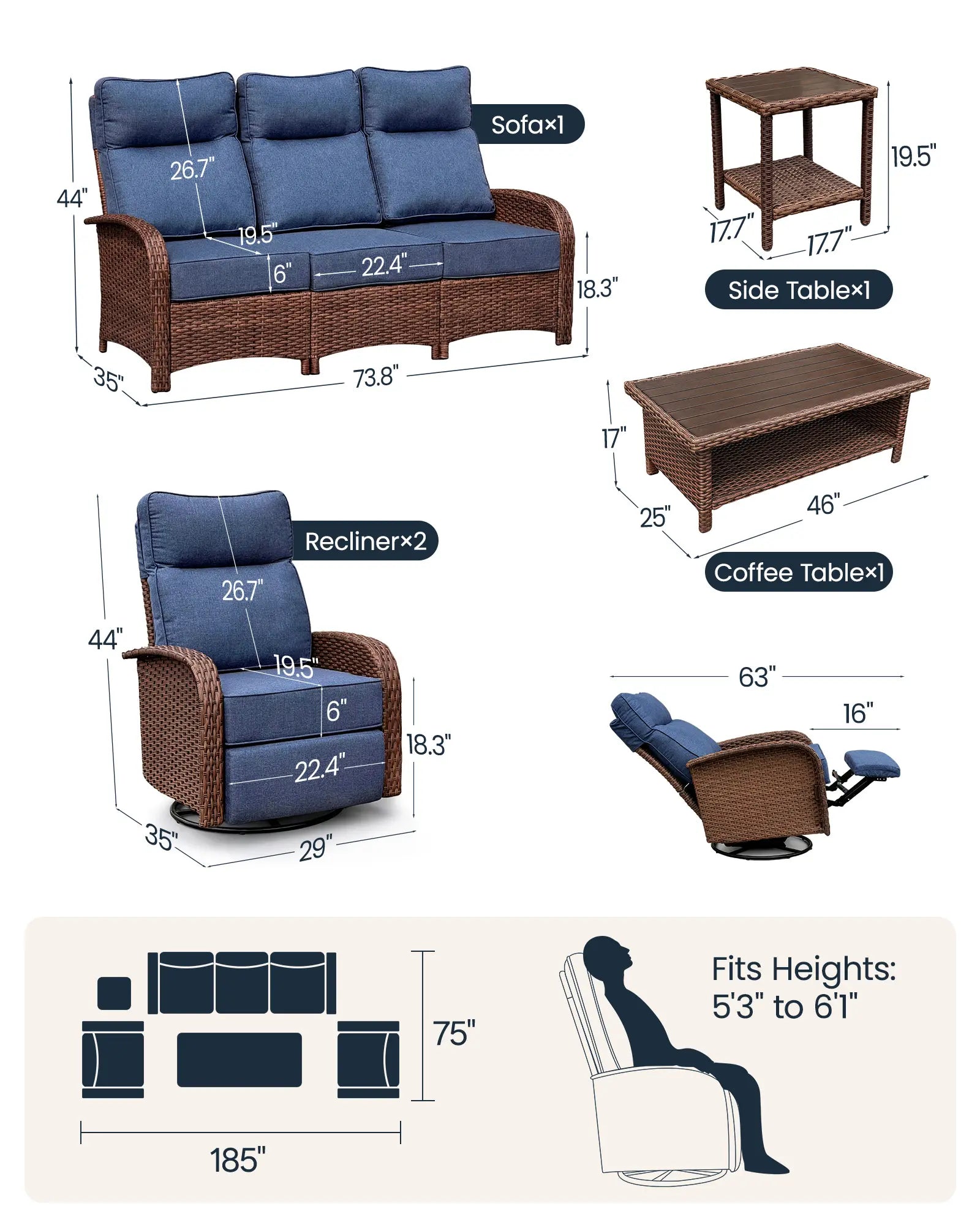 Velscape 5PC Patio Wicker Swivel Glider Recliners Motion Sofa Set, Blue