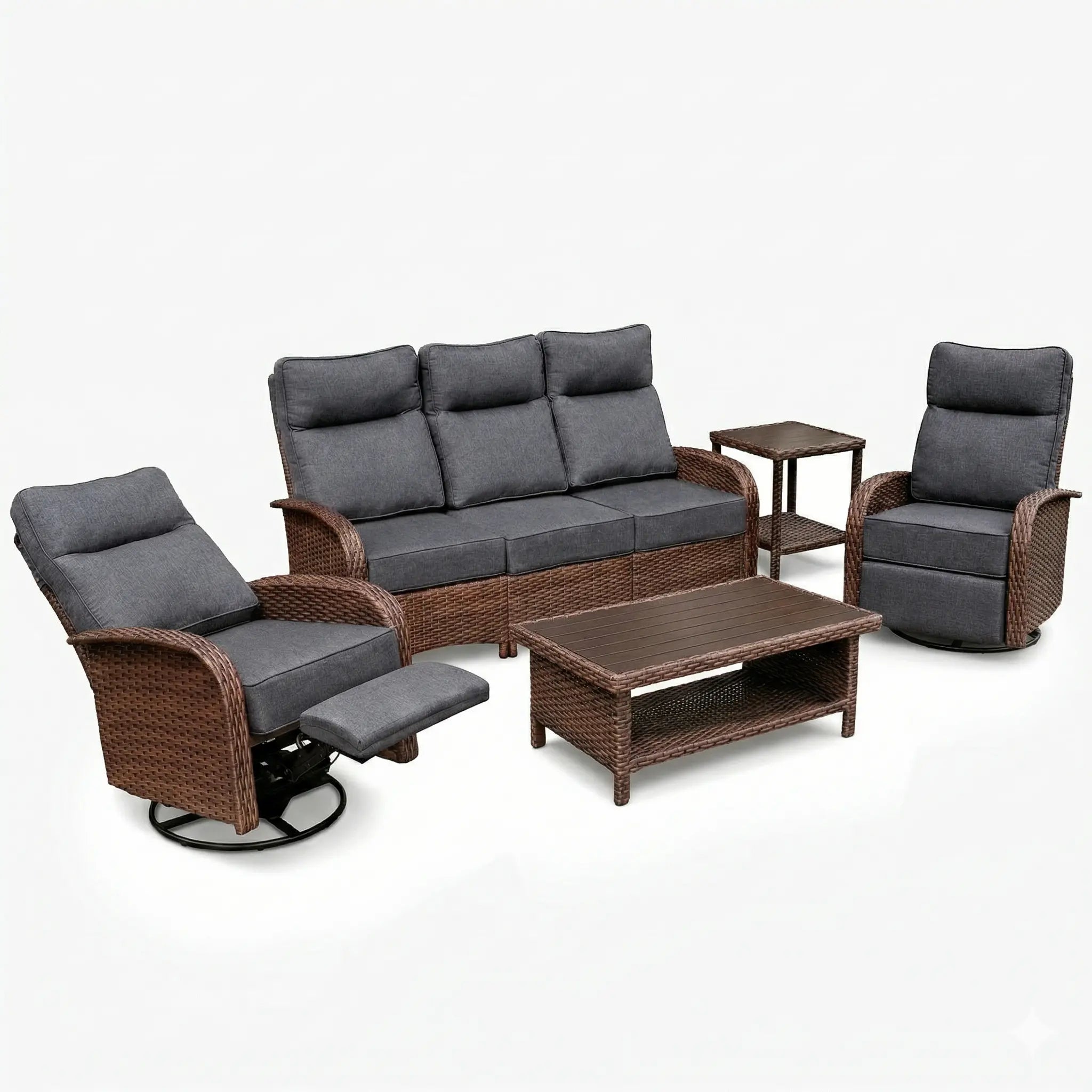Velscape 5PC Patio Wicker Swivel Glider Recliners Motion Sofa Set, Blue