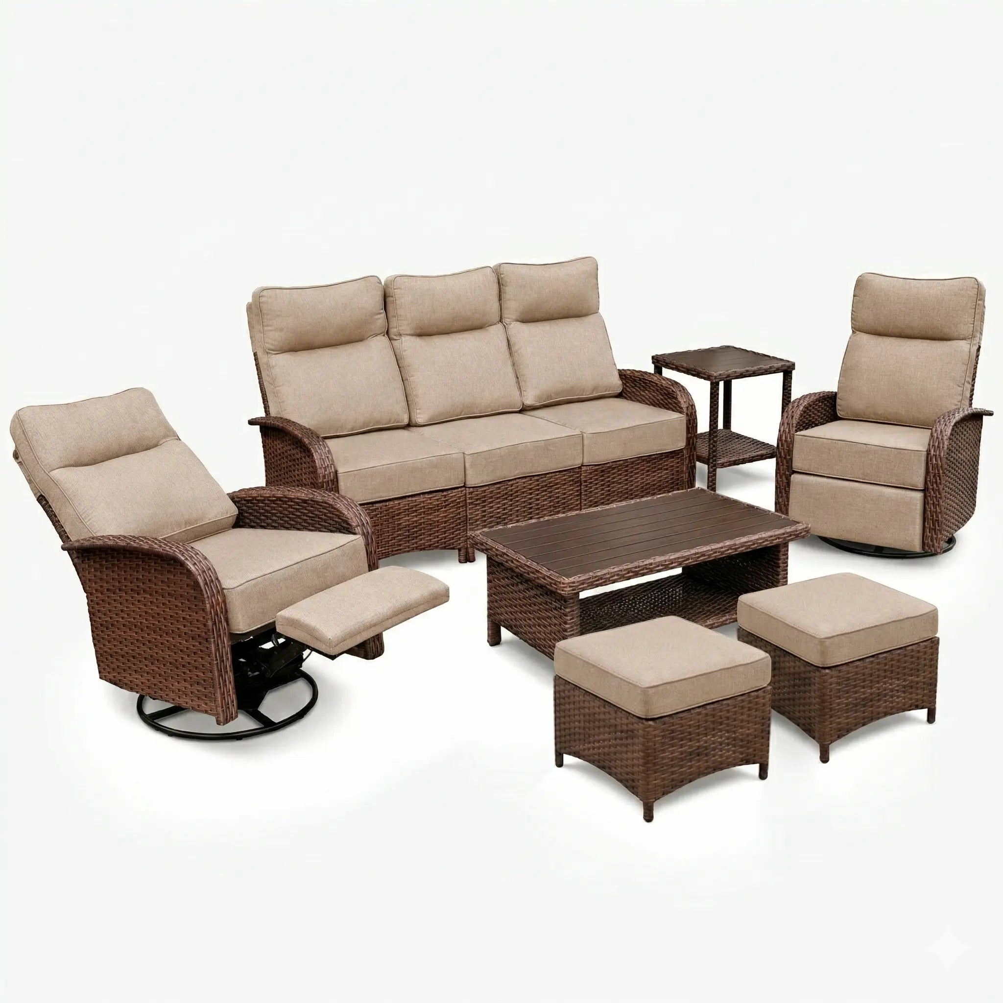 Velscape 7PC Patio Wicker Swivel Glider Recliner Motion Sofa Set, with Ottoman, Blue