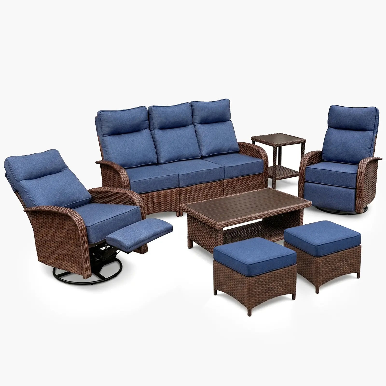 Velscape 7PC Patio Wicker Swivel Glider Recliner Motion Sofa Set, with Ottoman, Blue