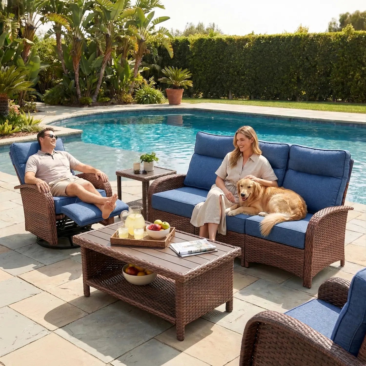Velscape 7PC Patio Wicker Swivel Glider Recliner Motion Sofa Set, with Ottoman, Blue