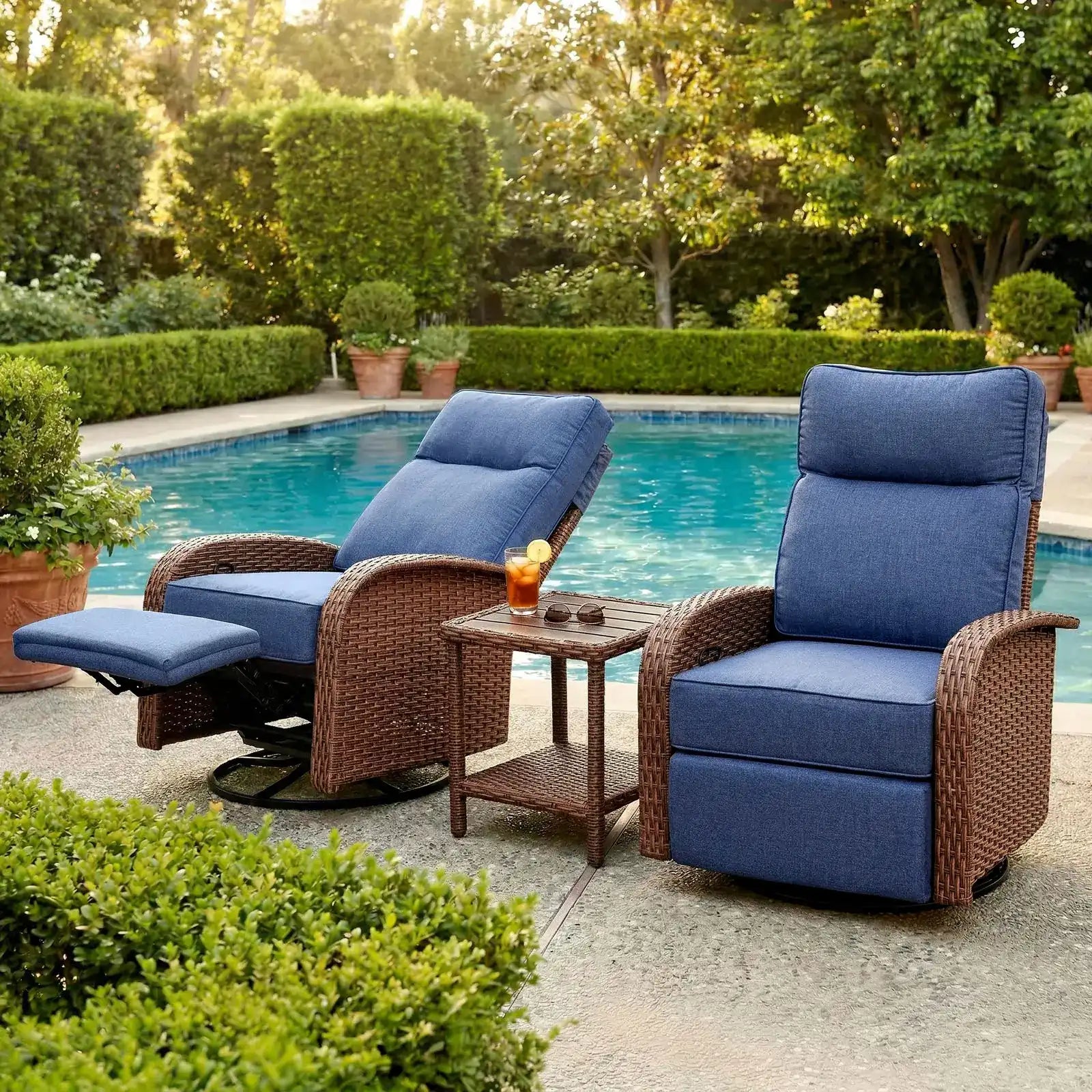 Velscape 3PC 3-in-1 Patio Wicker Swivel Glider Recliners Set, 6" Thick Cushion & High-Back, Blue