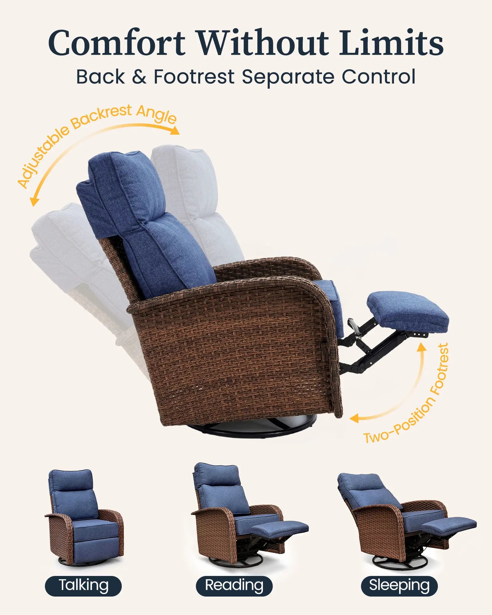 Velscape 3PC 3-in-1 Patio Wicker Swivel Glider Recliners Set, 6" Thick Cushion & High-Back, Beige