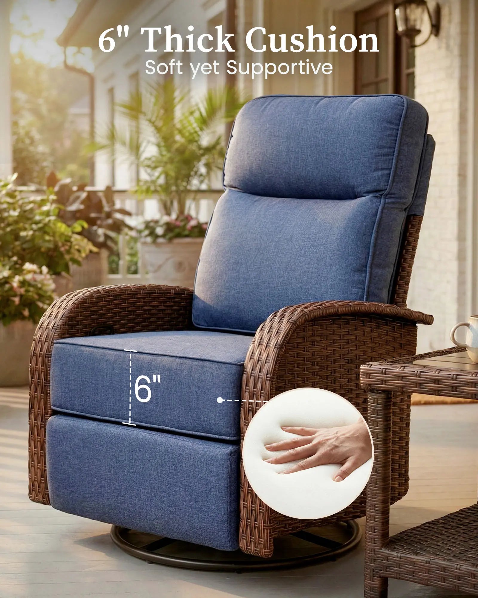 Velscape 3PC 3-in-1 Patio Wicker Swivel Glider Recliners Set, 6" Thick Cushion & High-Back, Beige