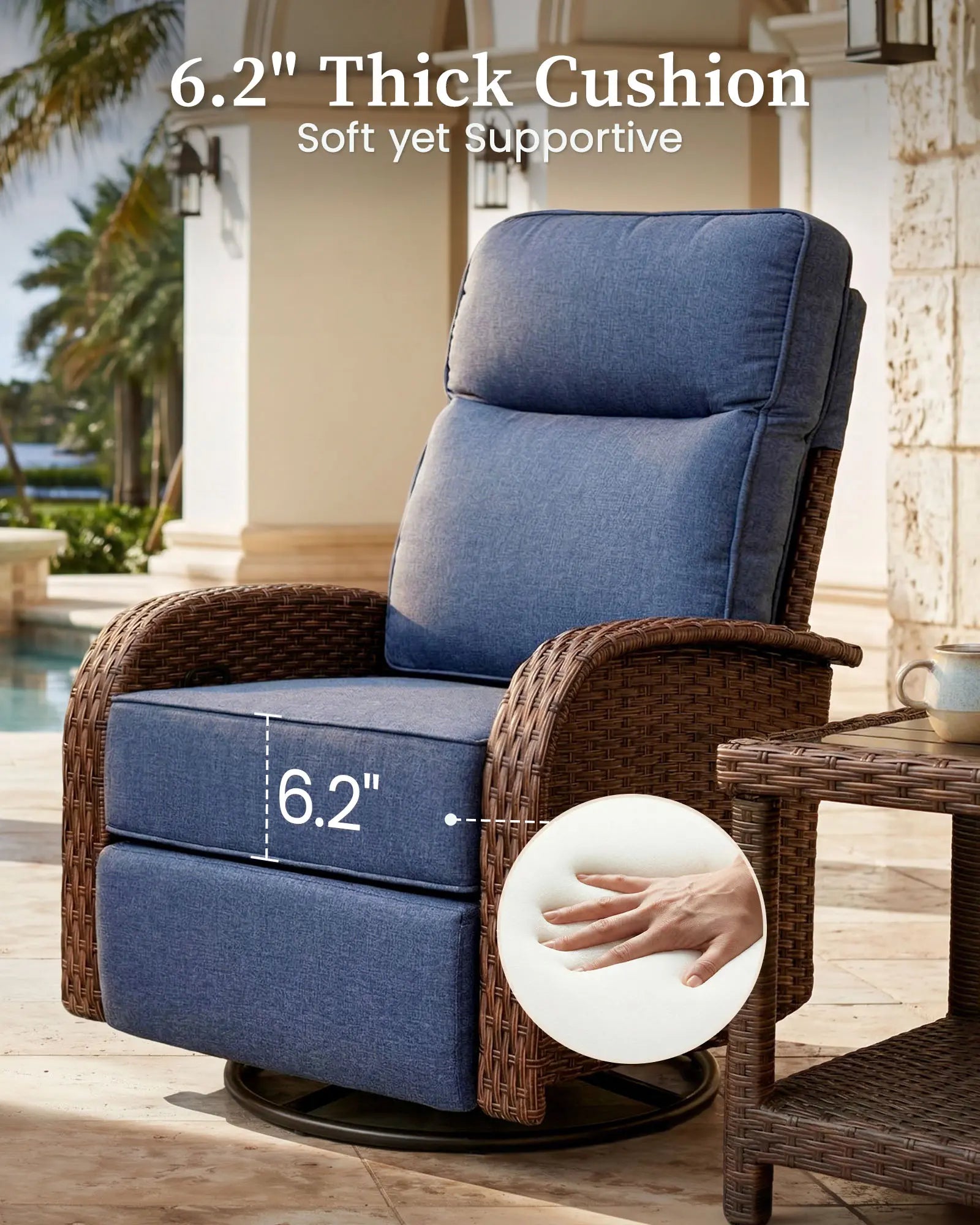Velscape 3PC 3-in-1 Patio Wicker Swivel Glider Recliners Set, 6" Thick Cushion & High-Back, Blue