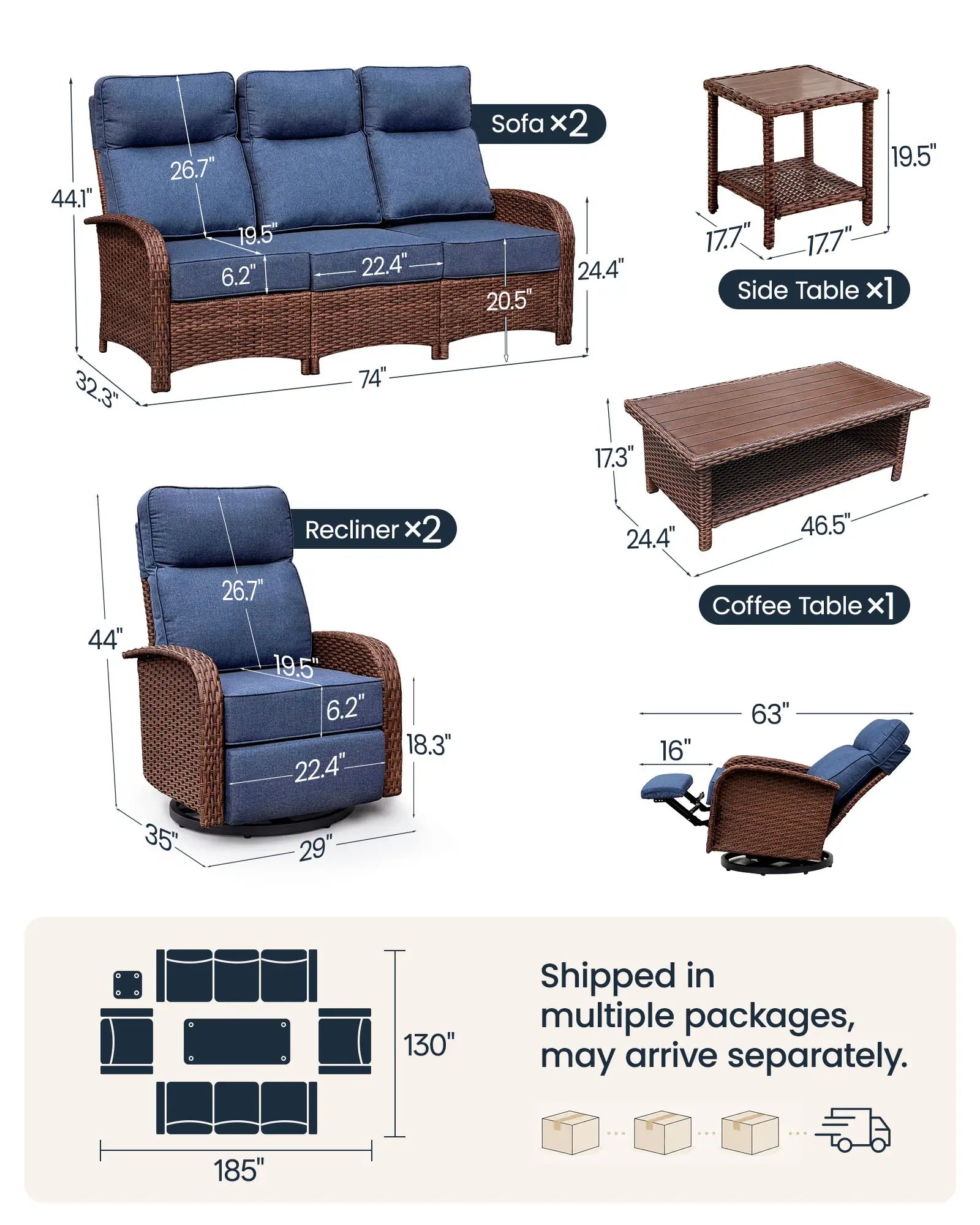 Velscape Blue 6PC Patio Wicker Swivel Glider Recliner Motion Sofa Set