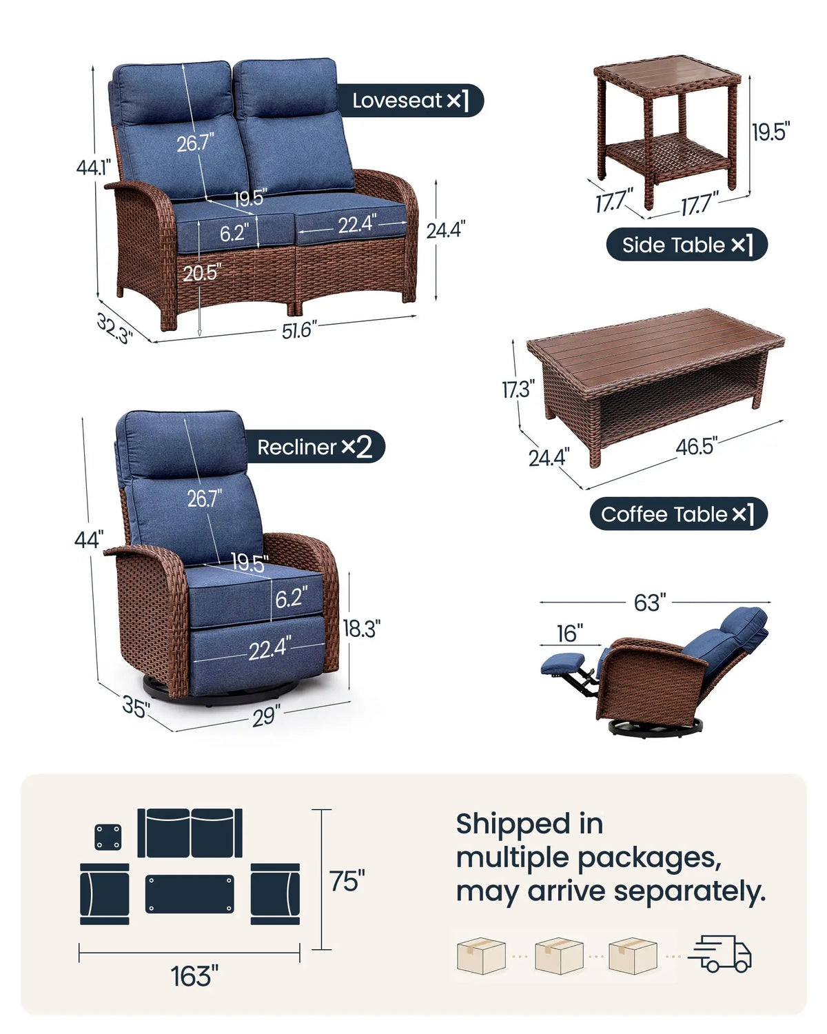 5PC Blue Resort-Grade Loveseat Patio Wicker Motion Sofa Set with Swivel Glider Recliners