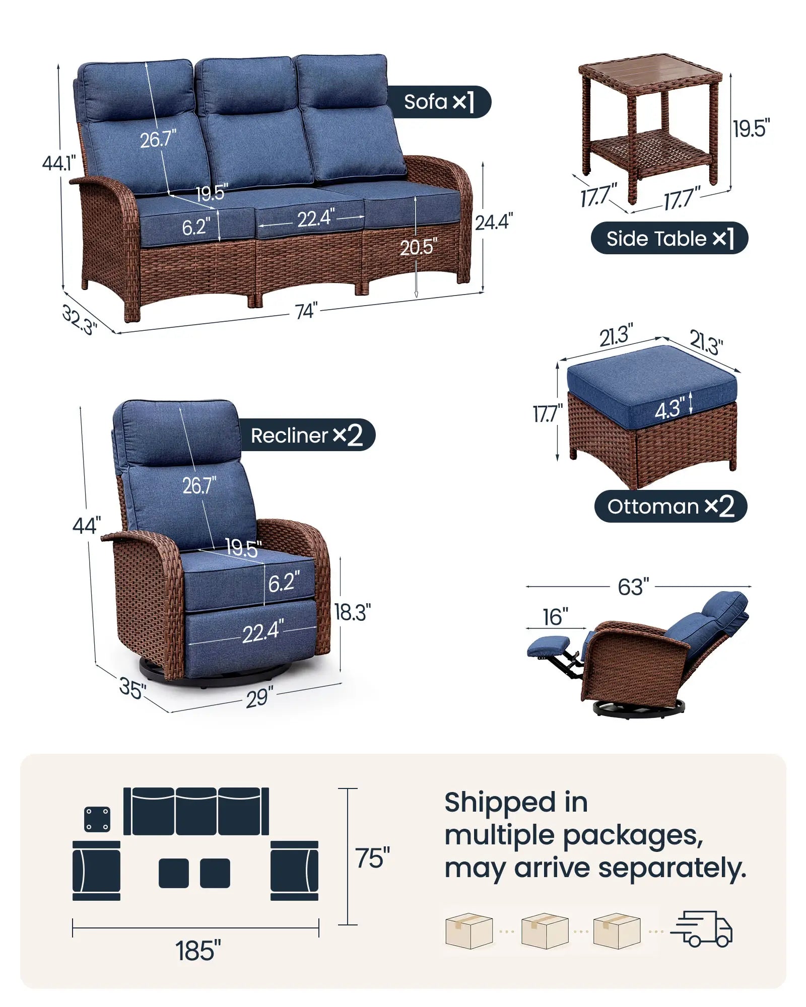 Velscape Blue 6PC Patio Wicker Swivel Glider Recliner Motion Sofa Set