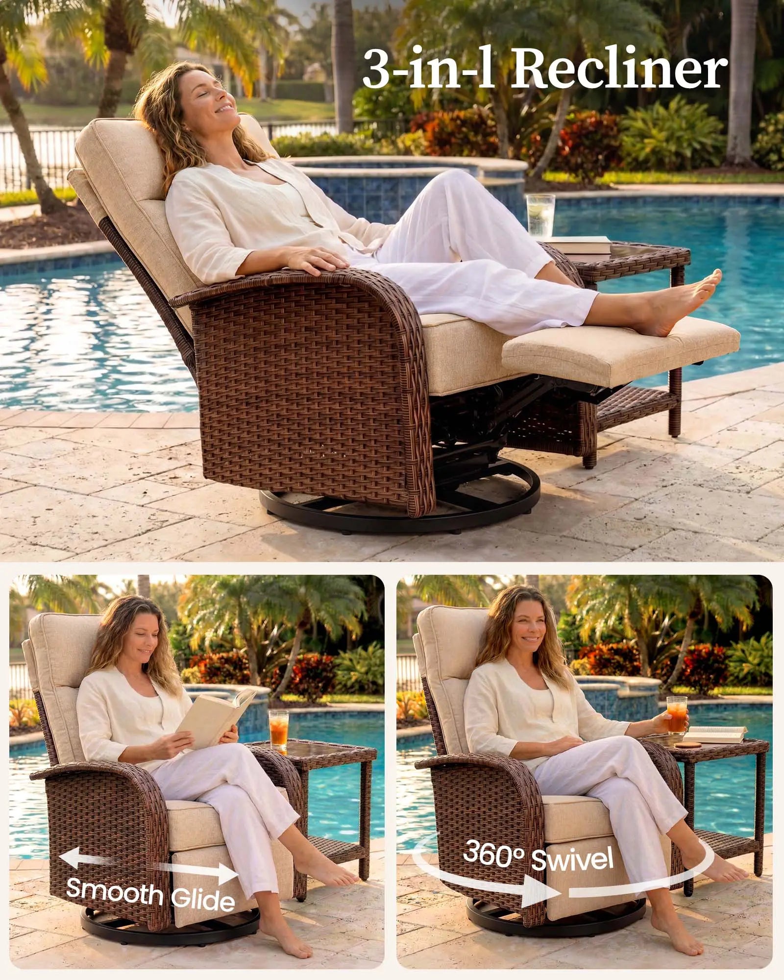 Velscape Beige 3PC 3-in-1 Patio Wicker Swivel Glider Recliner Set with Side Table