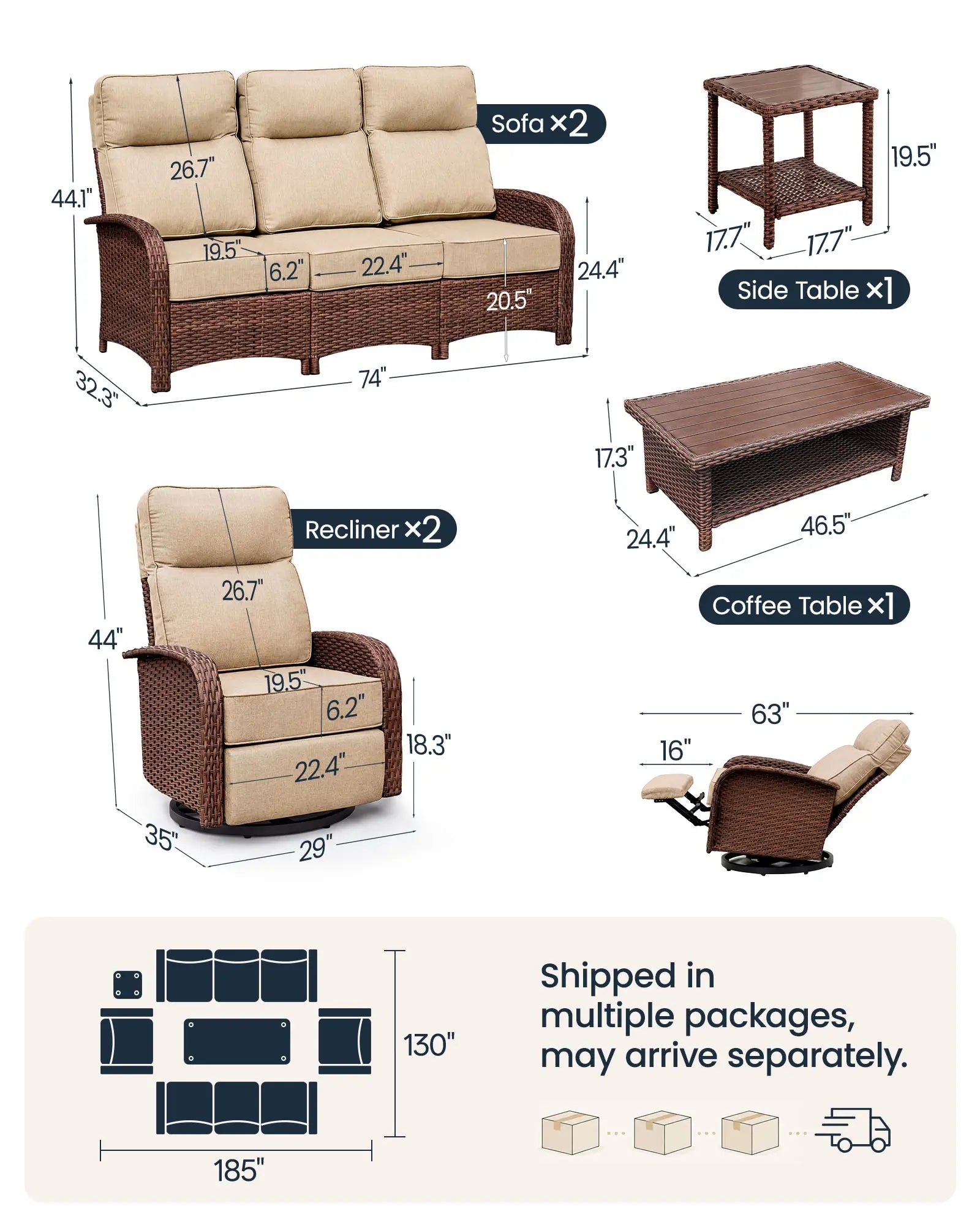Velscape Beige 6PC Patio Wicker Swivel Glider Recliner Motion Sofa Set