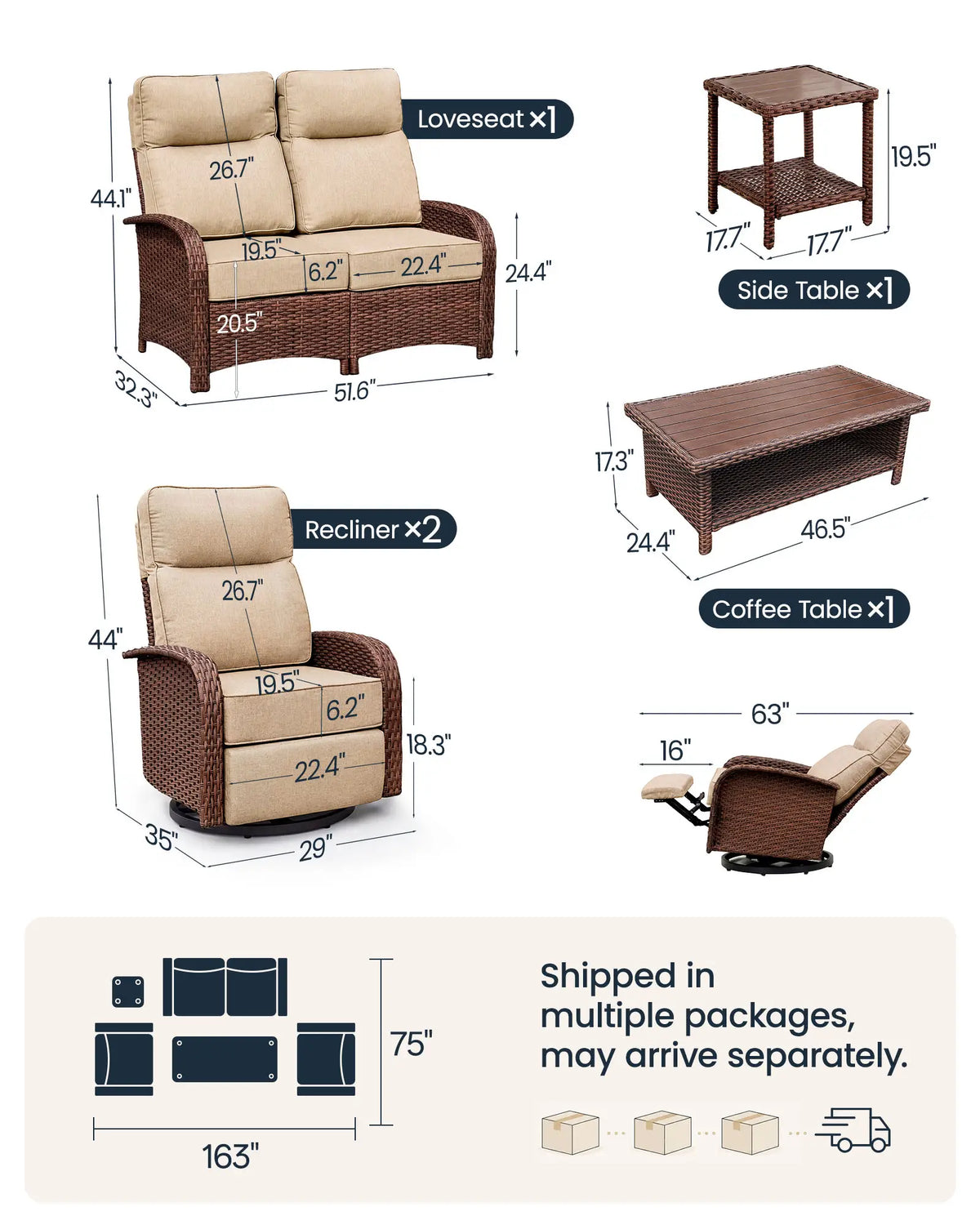 5PC Beige Resort-Grade Loveseat Patio Wicker Motion Sofa Set with Swivel Glider Recliners