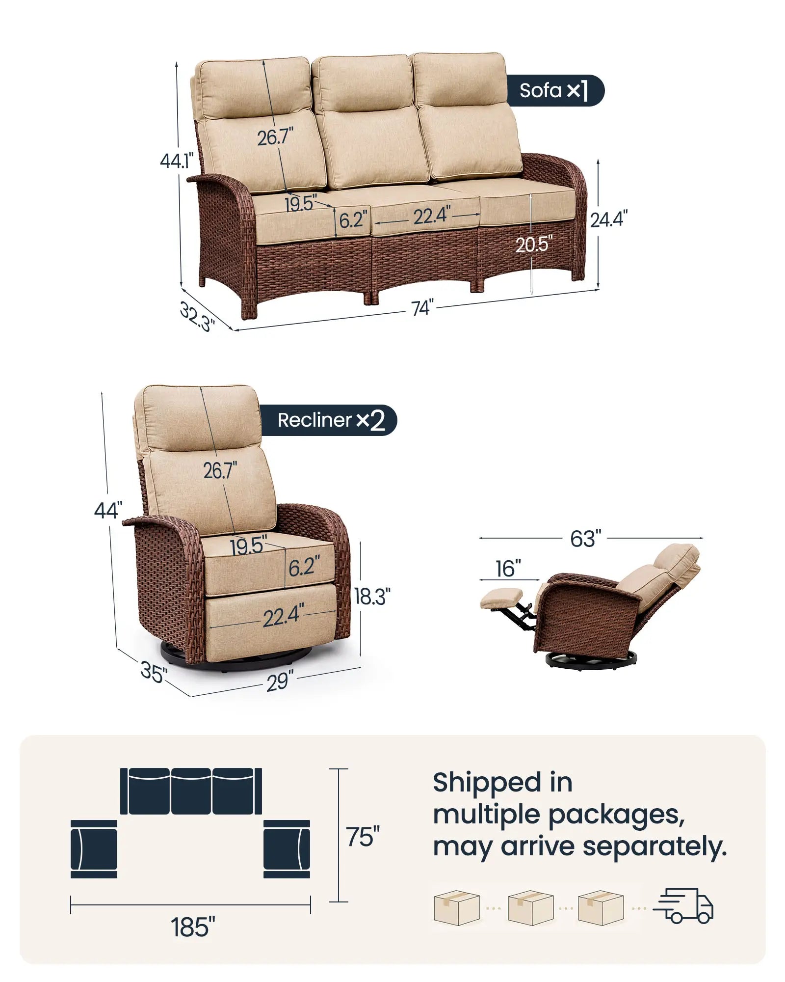 Velscape Beige 3PC Patio Wicker Swivel Glider Recliner Motion Sofa Set