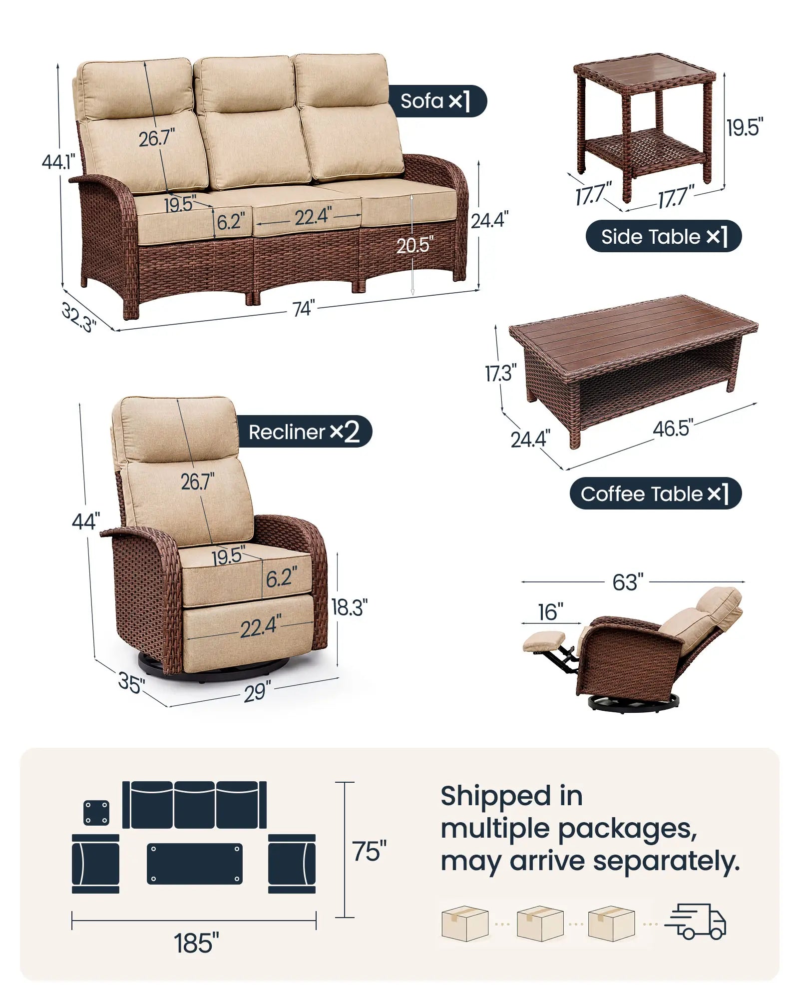Velscape Beige 5PC Patio Wicker Swivel Glider Recliner Motion Sofa Set