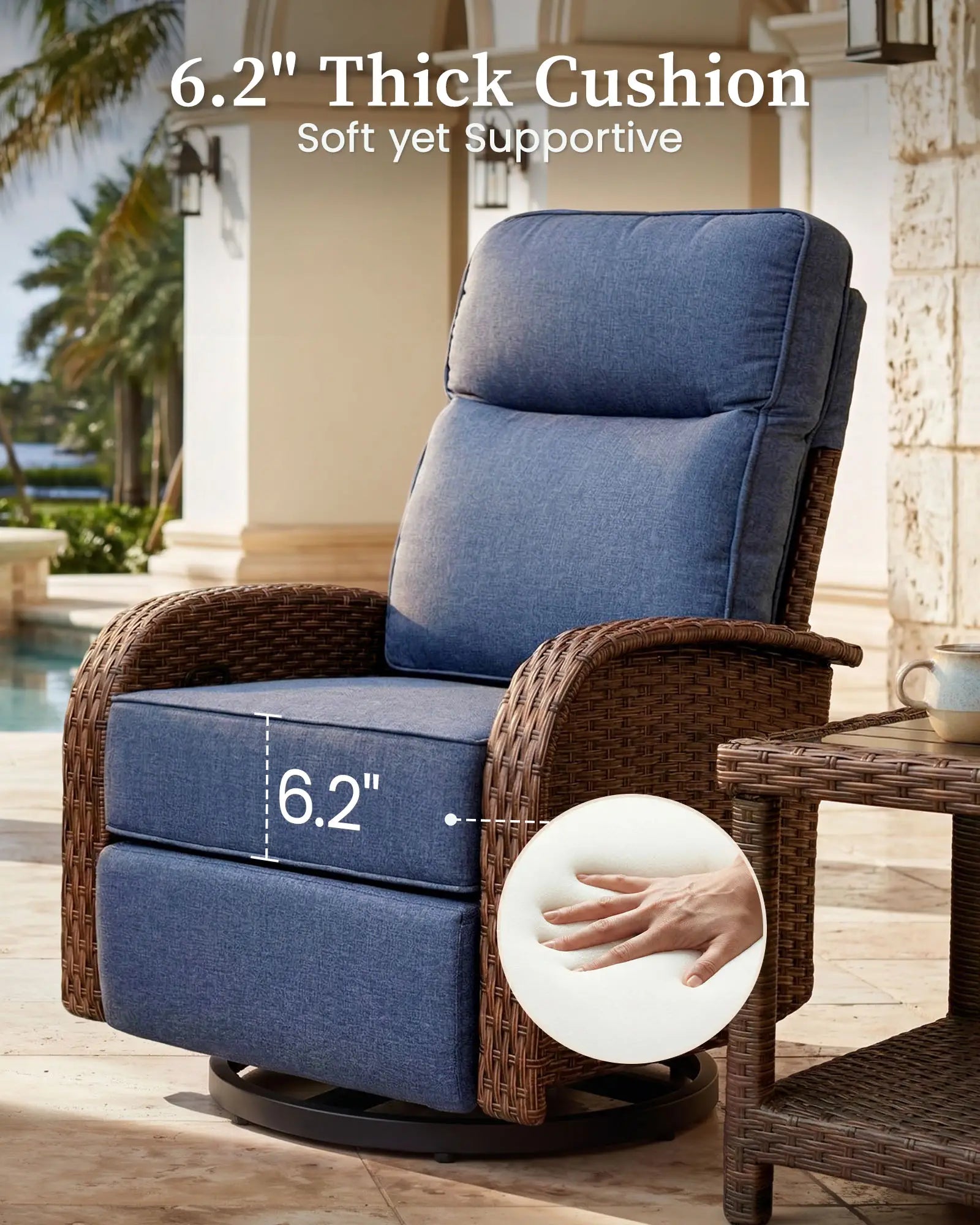 Velscape Blue 2PC 3-in-1 Patio Wicker Swivel Glider Recliner Set with Side Table