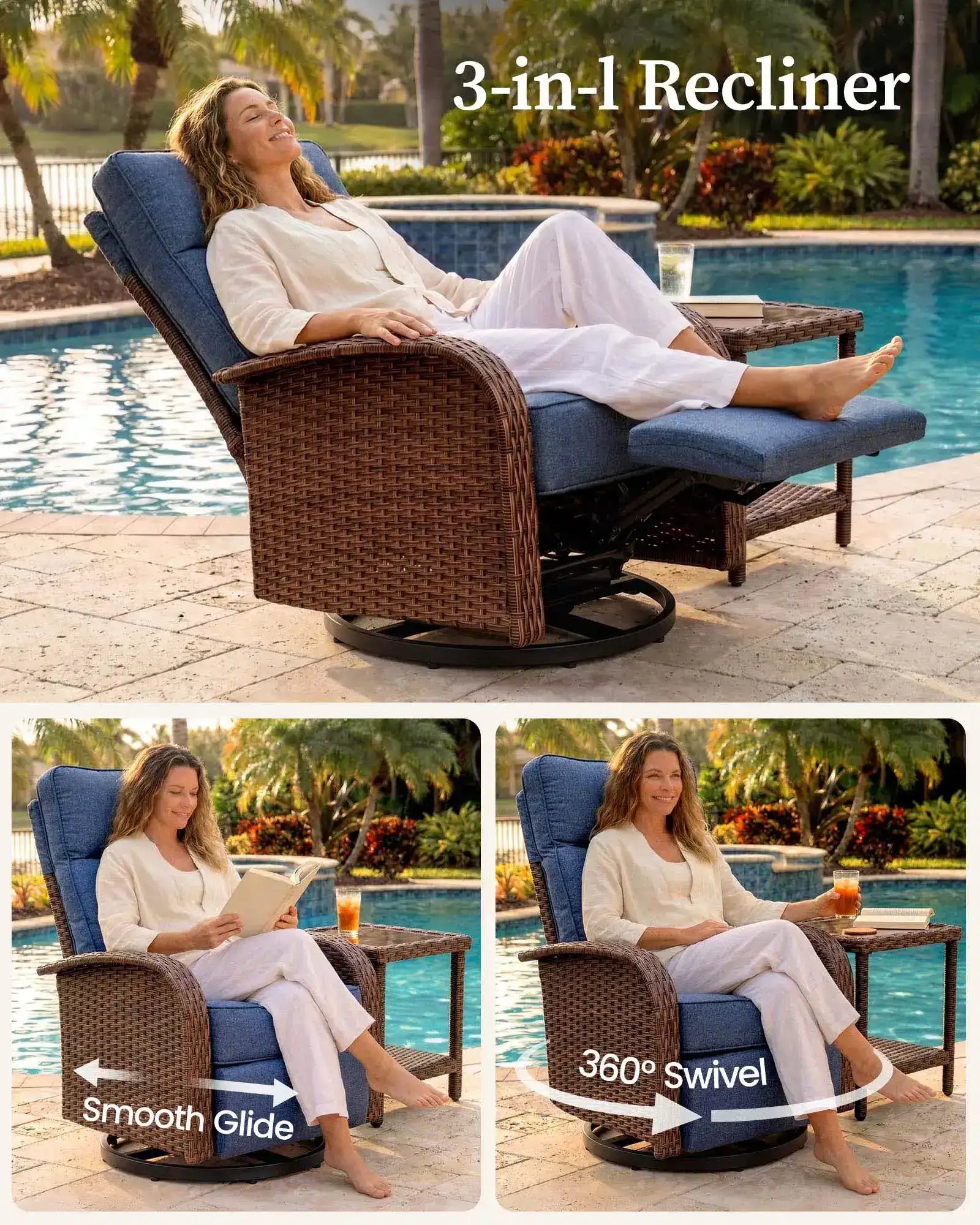Velscape Blue 3PC 3-in-1 Patio Wicker Swivel Glider Recliners Set