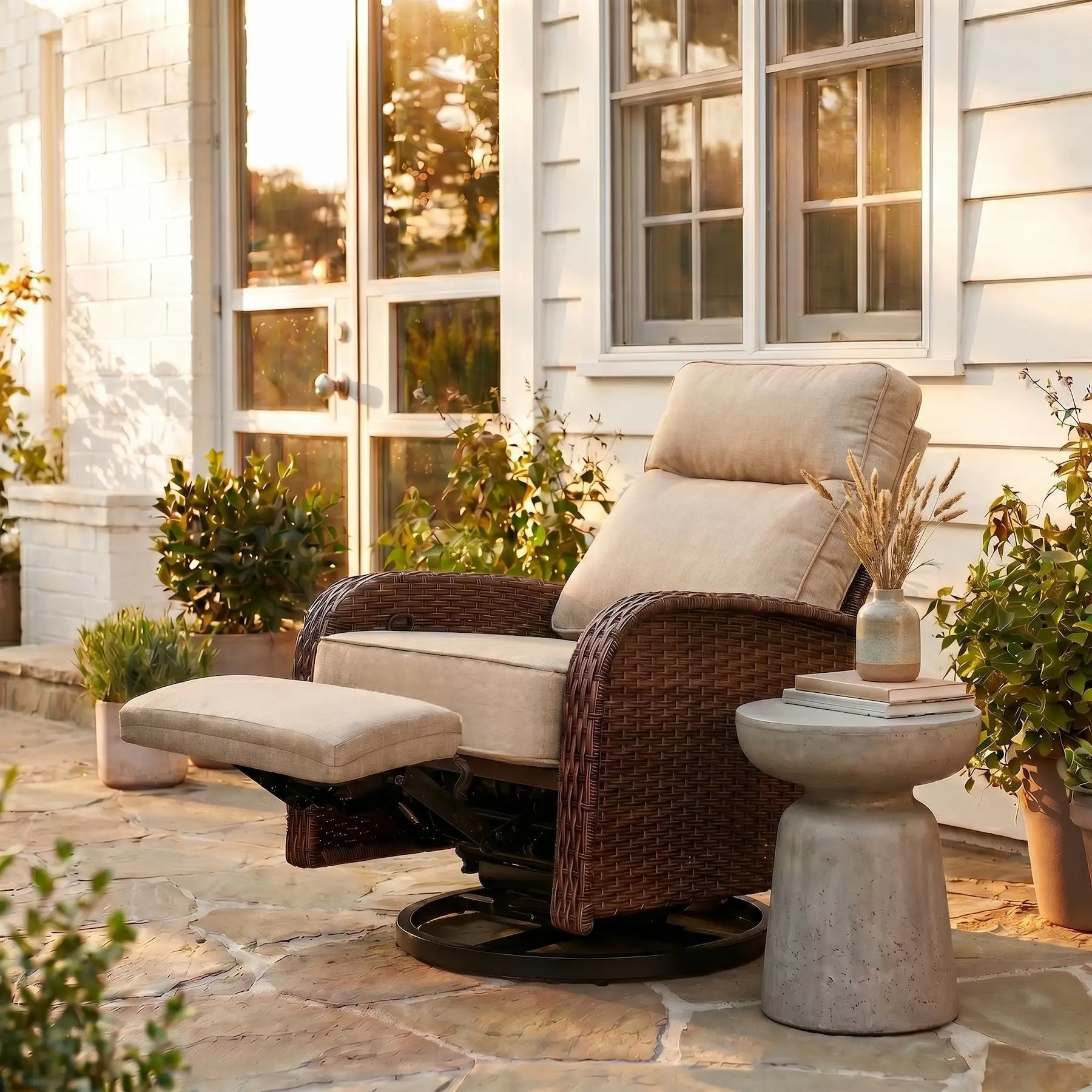 Velscape Beige 3-in-1 Patio Wicker Swivel Glider Recliner,