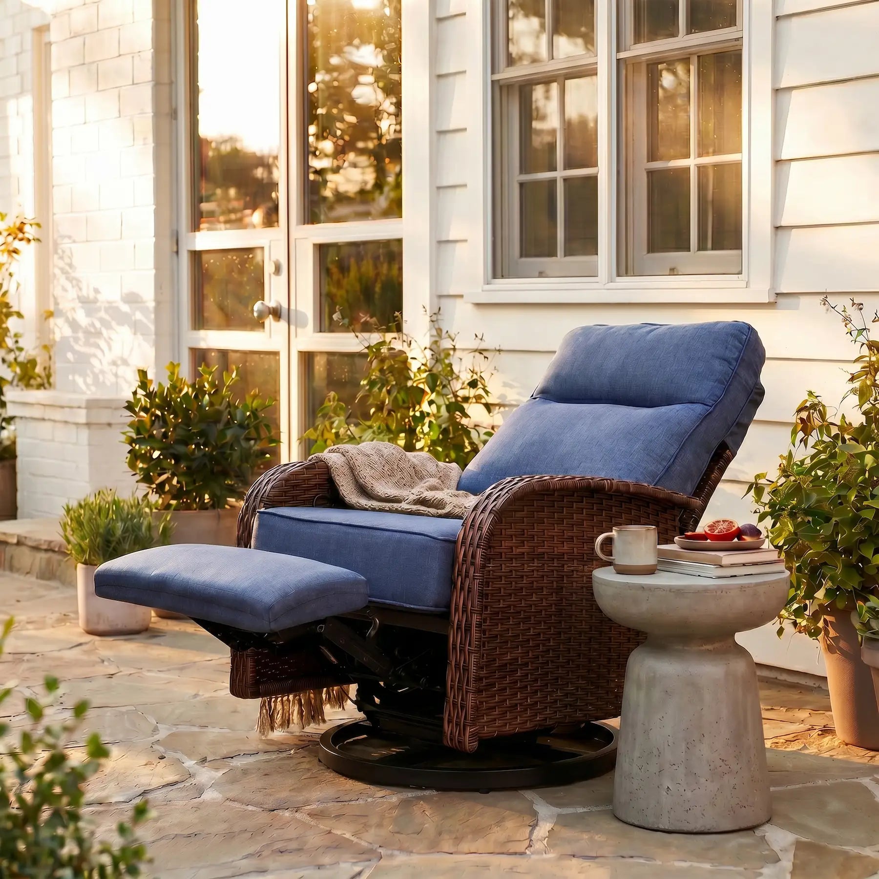 Velscape Blue 3-in-1 Patio Wicker Swivel Glider Recliner