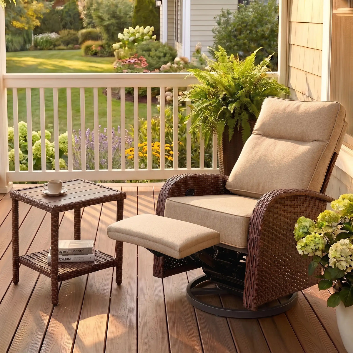 2PC Beige Resort-Grade 3-in-1 Patio Wicker Swivel Glider Recliner Set with Side Table