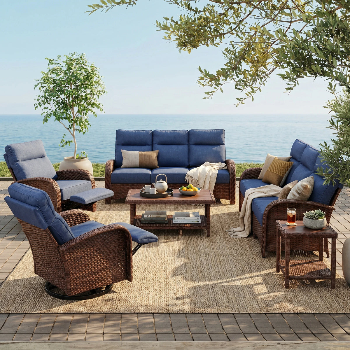 6PC Blue Resort-Grade Patio Wicker Motion Sofa Set with Swivel Glider Recliners