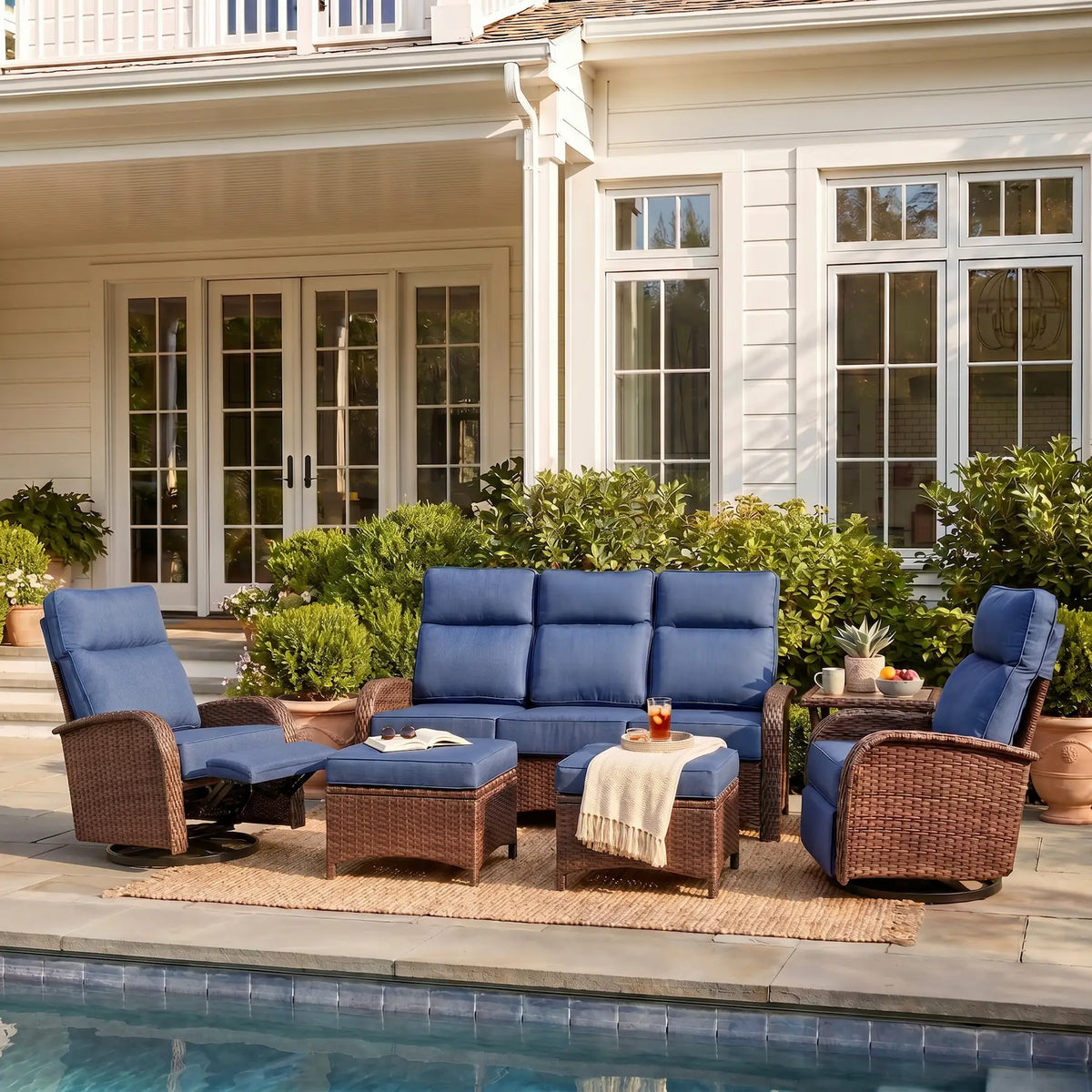 6PC Blue Resort-Grade Patio Wicker Motion Sofa Set with Swivel Glider Recliners