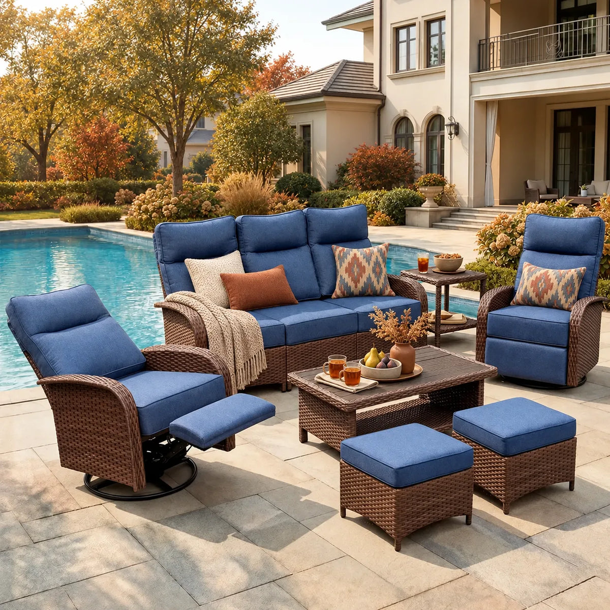 7PC Blue Resort-Grade Patio Wicker Motion Sofa Set with Swivel Glider Recliners