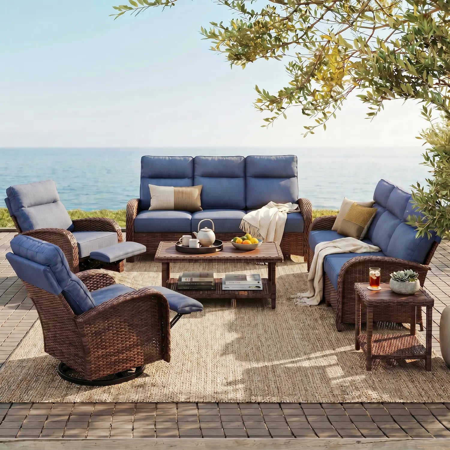 Velscape Blue 6PC Patio Wicker Swivel Glider Recliner Motion Sofa Set