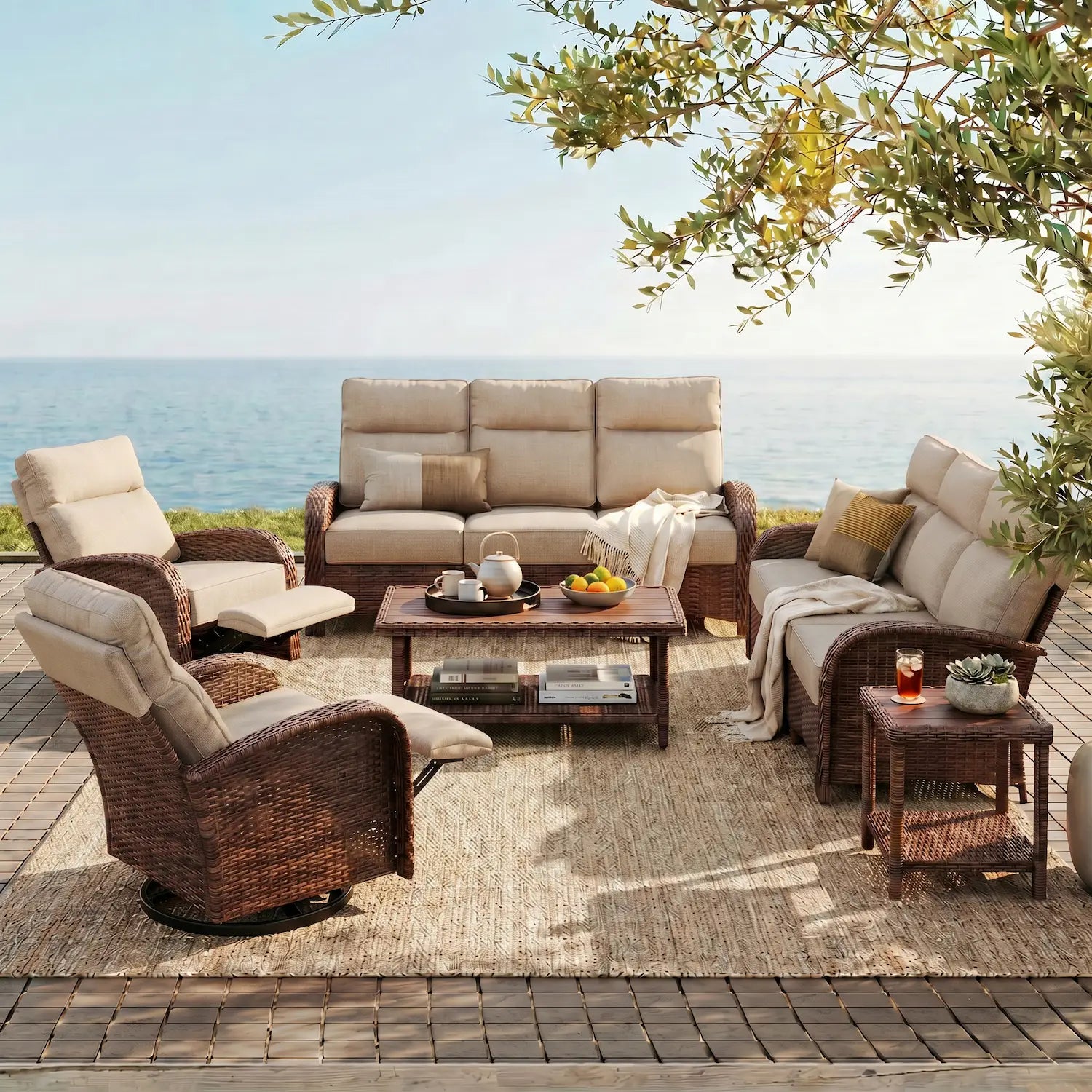 Velscape Beige 6PC Patio Wicker Swivel Glider Recliner Motion Sofa Set