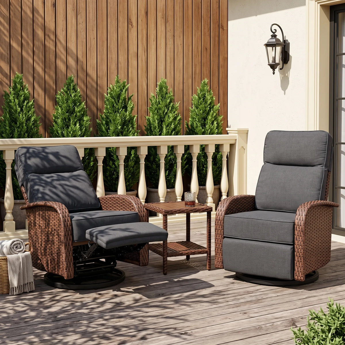 3PC Dark Grey Resort-Grade 3-in-1 Patio Wicker Swivel Glider Recliner Set with Side Table