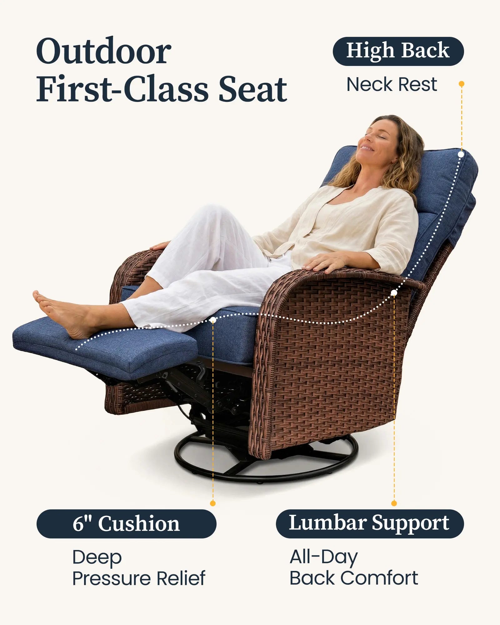 Velscape 3PC 3-in-1 Patio Wicker Swivel Glider Recliners Set, 6" Thick Cushion & High-Back, Beige