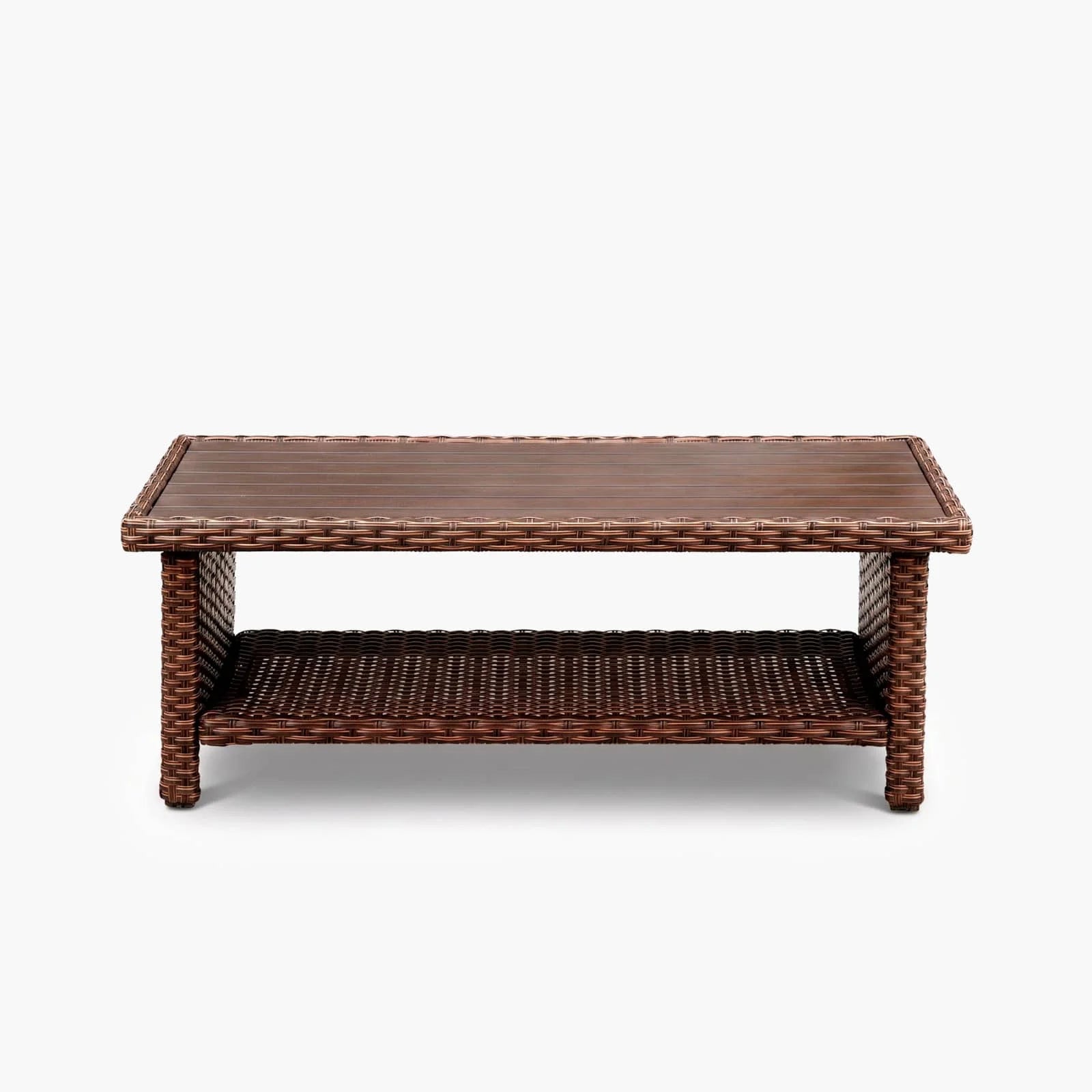 Velscape Patio Wicker Coffee Table with Wood-Look Metal Top