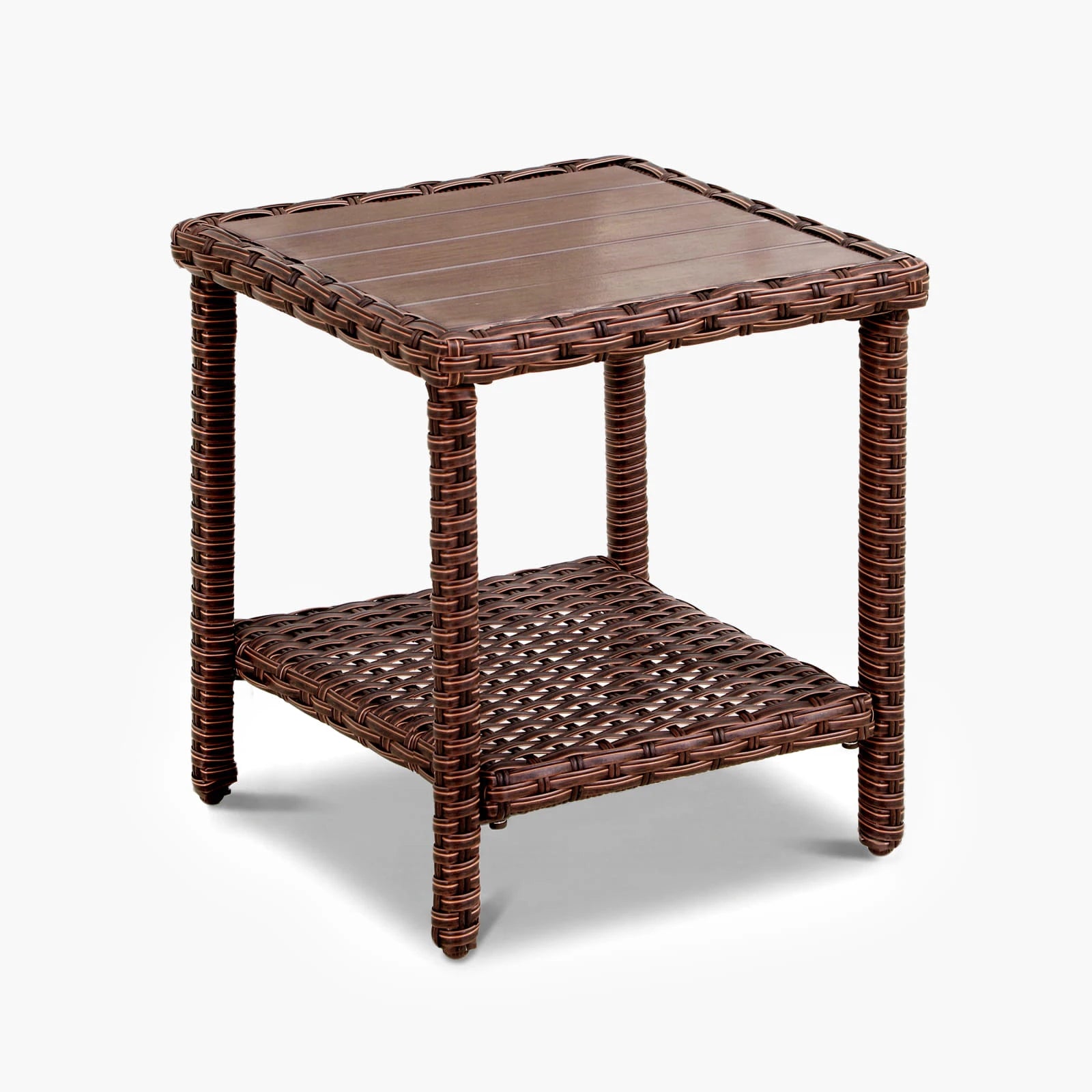 Velscape Patio Wicker Side Table with Wood-Look Metal Top