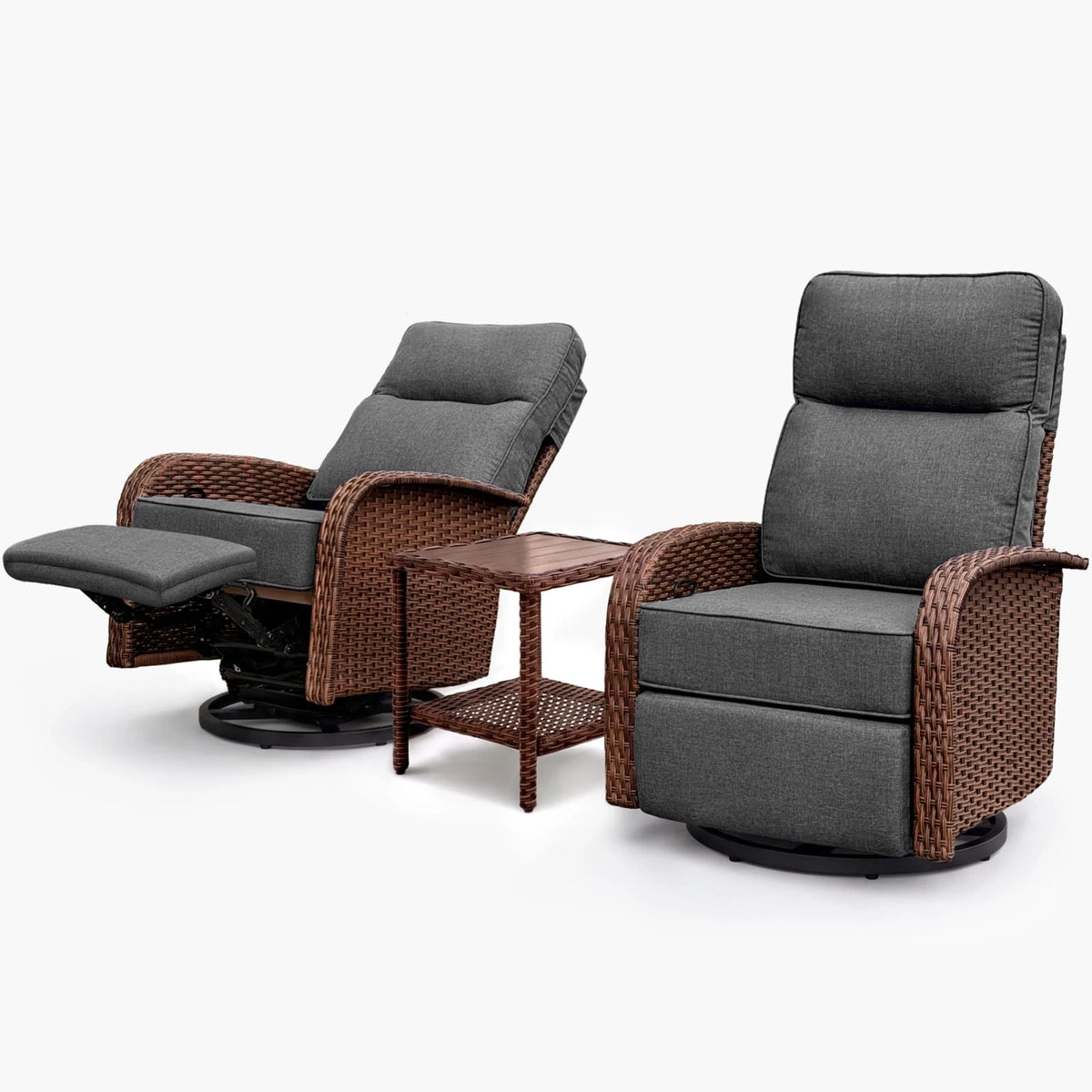 3PC Dark Grey Resort-Grade 3-in-1 Patio Wicker Swivel Glider Recliner Set with Side Table