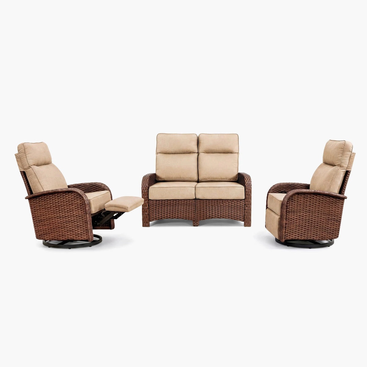 3PC Beige Resort-Grade Loveseat Patio Wicker Motion Sofa Set with Swivel Glider Recliners