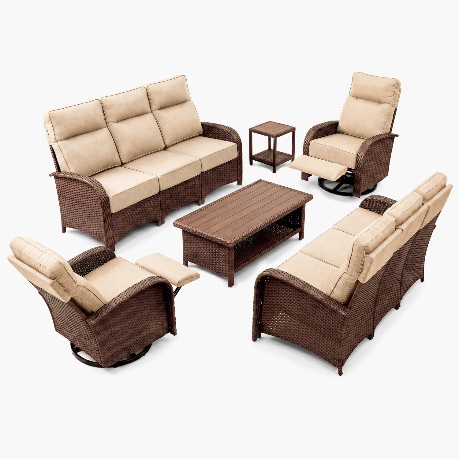Velscape Beige 6PC Patio Wicker Swivel Glider Recliner Motion Sofa Set