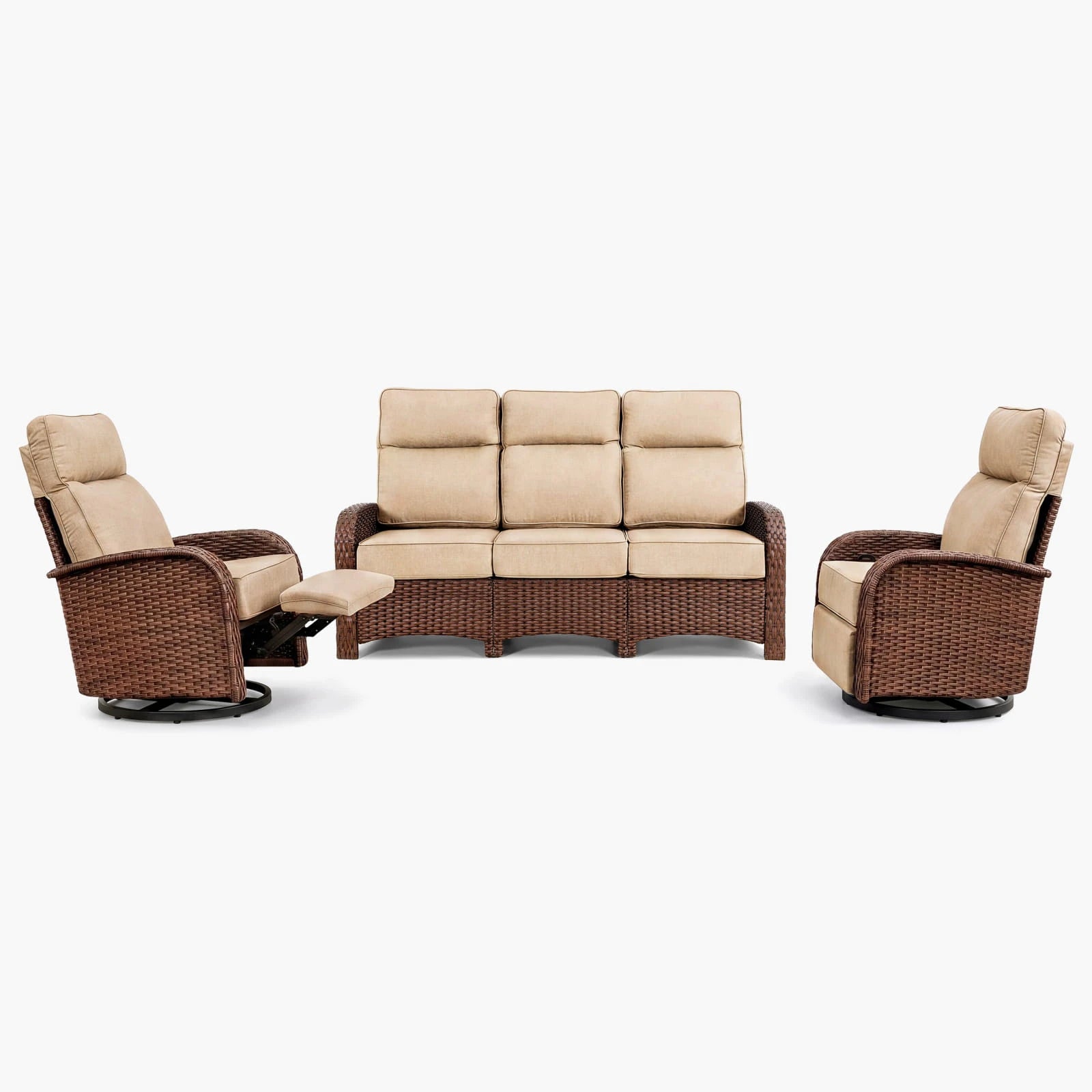 Velscape Blue 3PC Patio Wicker Swivel Glider Recliner Motion Sofa Set