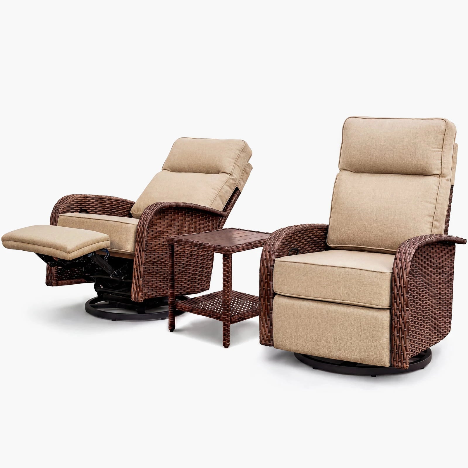 Velscape Beige 3PC 3-in-1 Patio Wicker Swivel Glider Recliner Set with Side Table