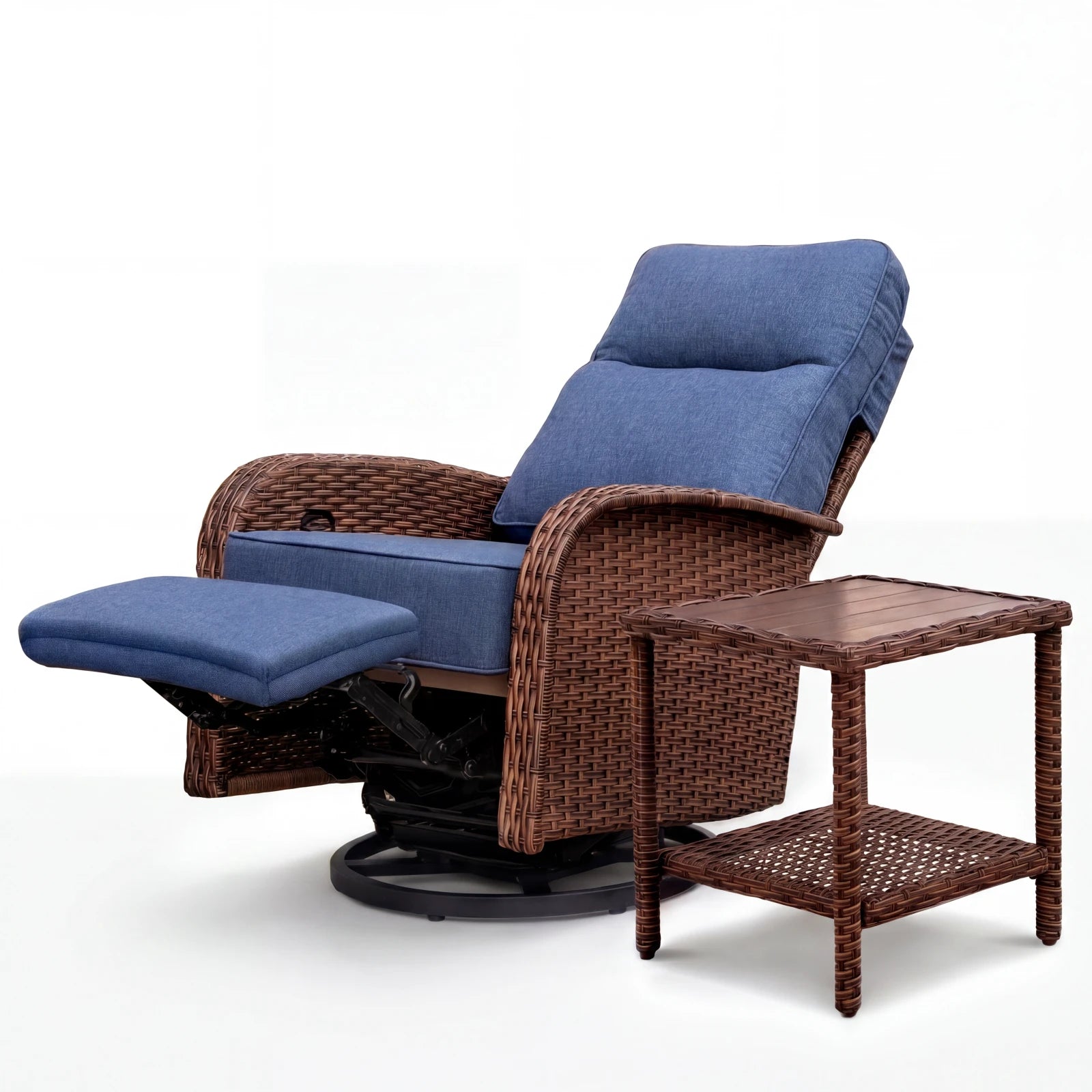 Velscape Beige 2PC 3-in-1 Patio Wicker Swivel Glider Recliner Set with Side Table