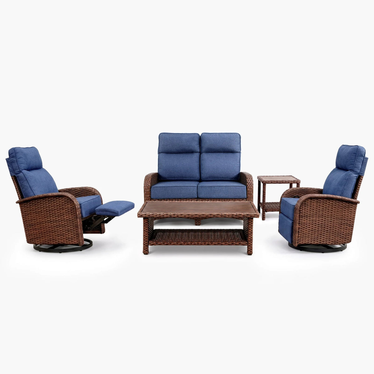 5PC Blue Resort-Grade Loveseat Patio Wicker Motion Sofa Set with Swivel Glider Recliners
