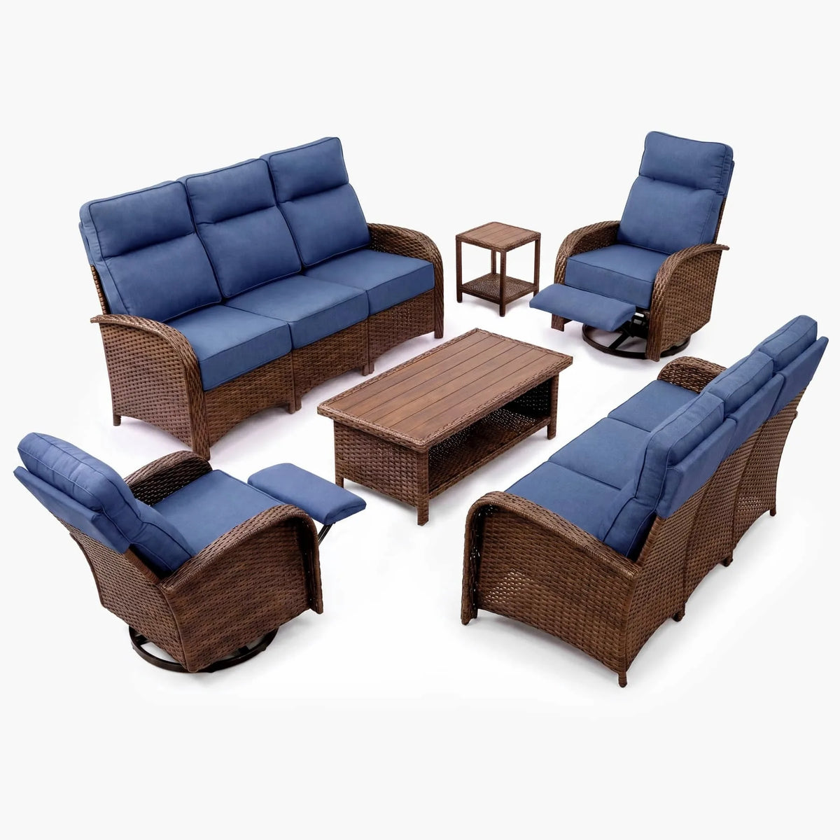 6PC Blue Resort-Grade Patio Wicker Motion Sofa Set with Swivel Glider Recliners