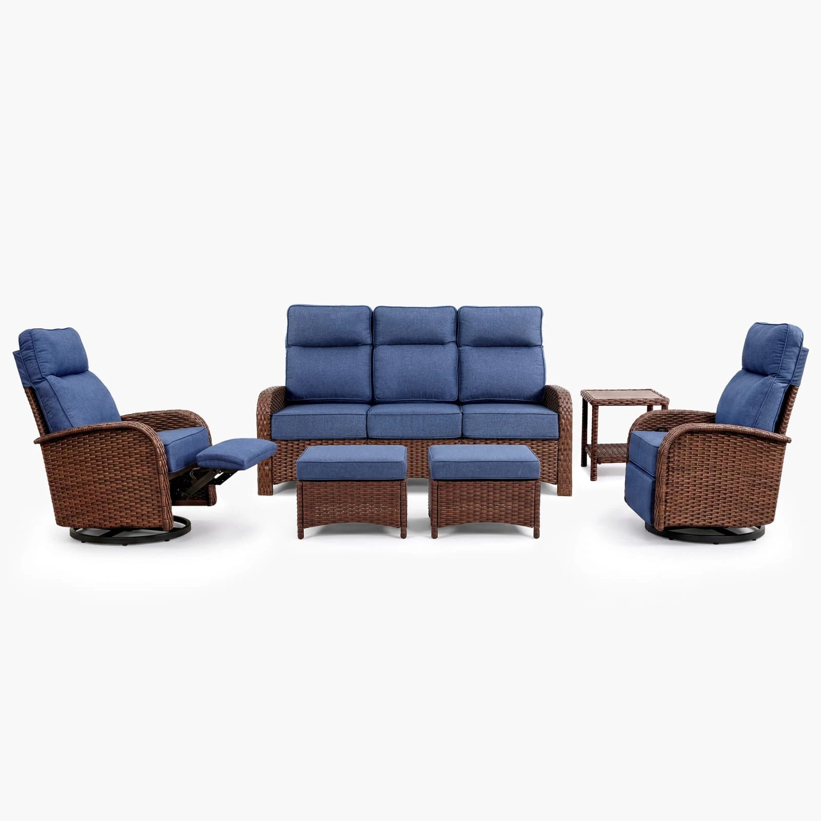 Velscape Blue 6PC Patio Wicker Swivel Glider Recliner Motion Sofa Set