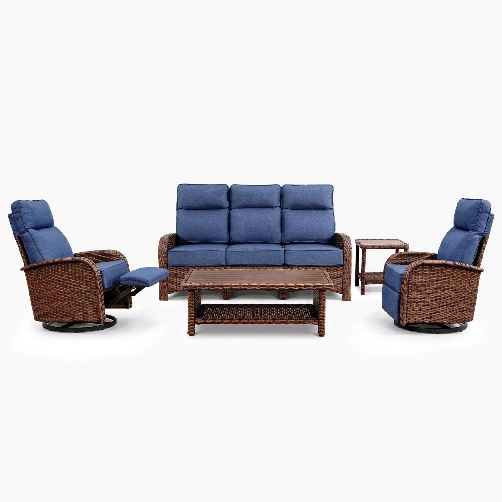 Velscape Beige 5PC Patio Wicker Swivel Glider Recliner Motion Sofa Set