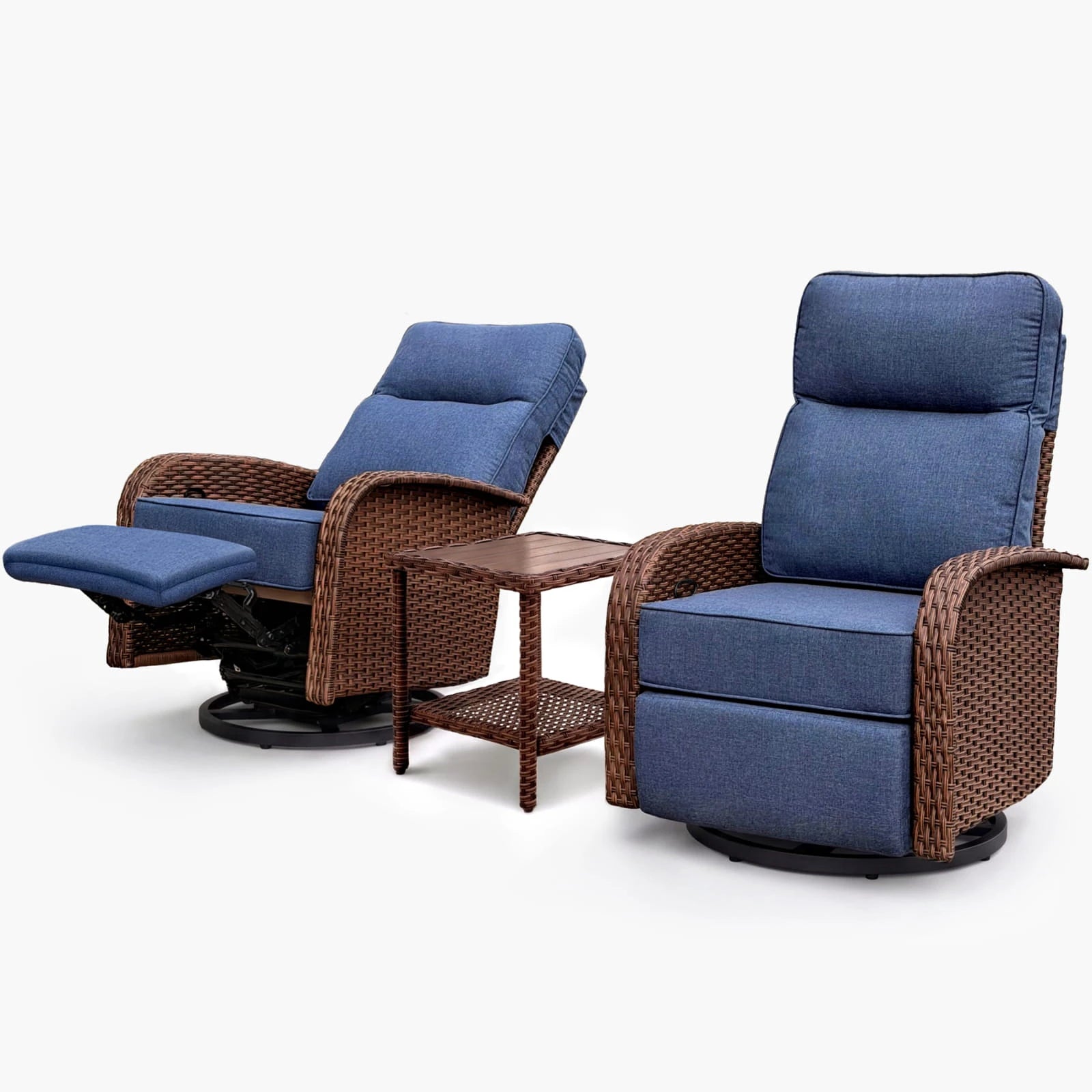 Velscape Beige 3PC 3-in-1 Patio Wicker Swivel Glider Recliner Set with Side Table