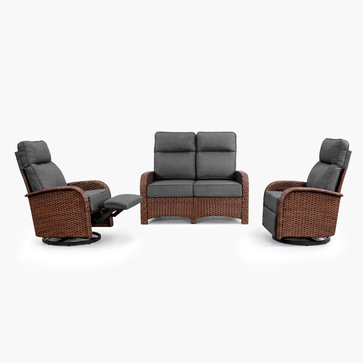 3PC Dark Grey Resort-Grade Loveseat Patio Wicker Motion Sofa Set with Swivel Glider Recliners