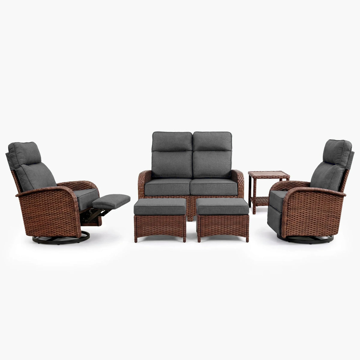 6PC Dark Grey Resort-Grade Loveseat Patio Wicker Motion Sofa Set with Swivel Glider Recliners