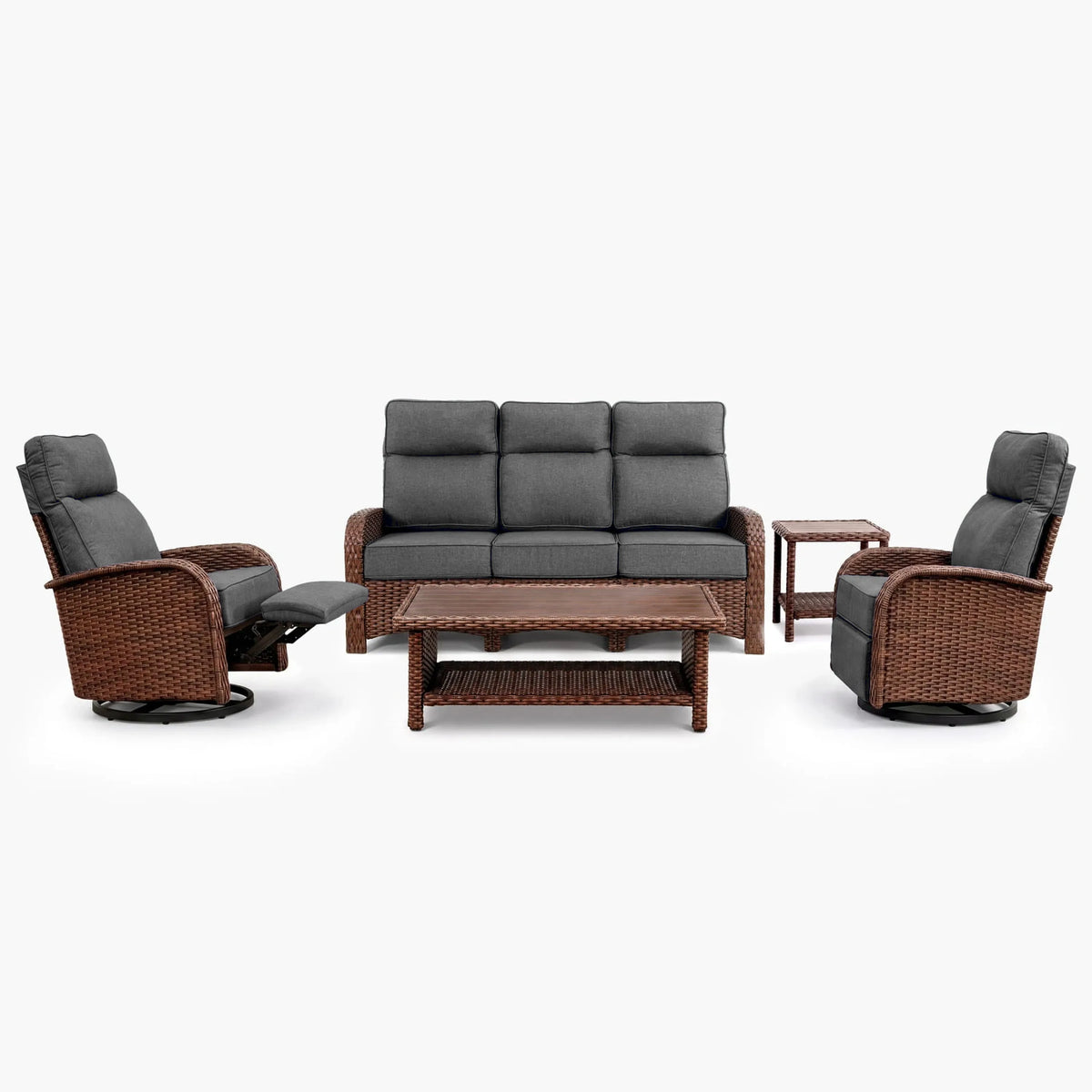 5PC Dark Grey Resort-Grade Patio Wicker Motion Sofa Set with Swivel Glider Recliners