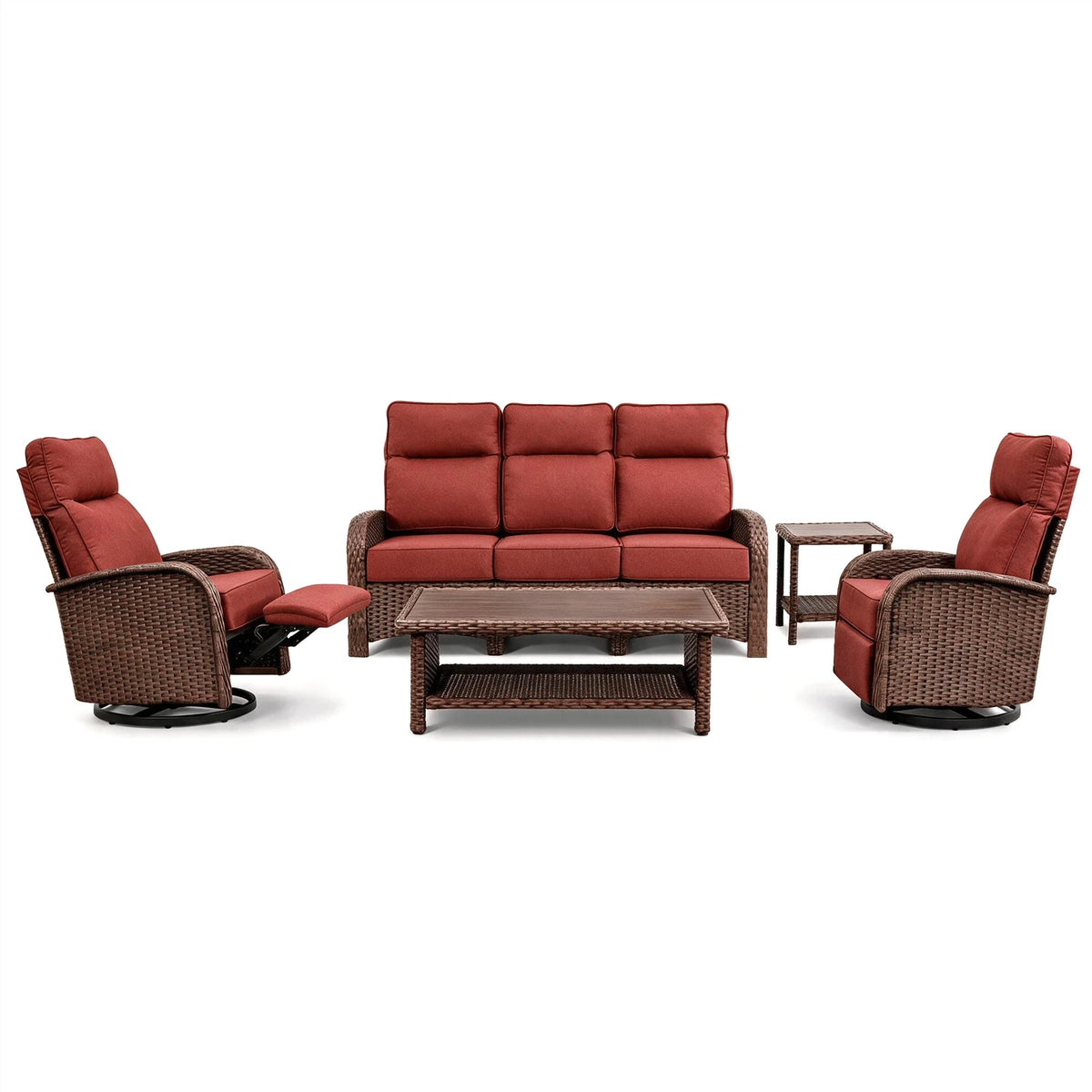 Red 5-piece patio furniture set with three-seat sofa, two reclining chairs, coffee table, and side table