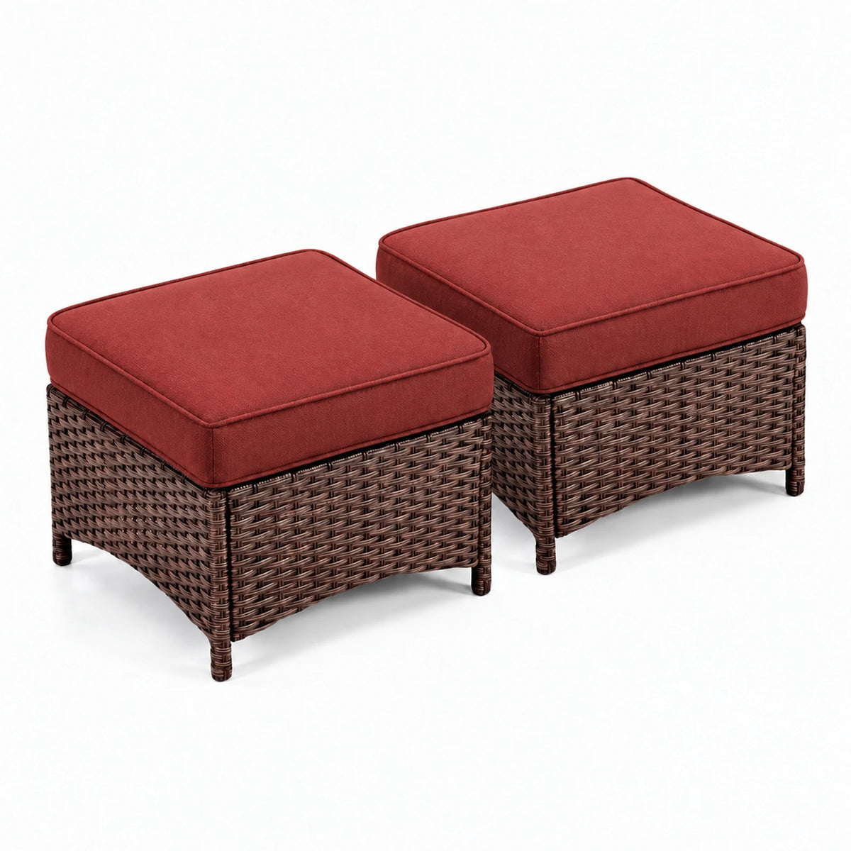 Pair of red wicker patio ottomans