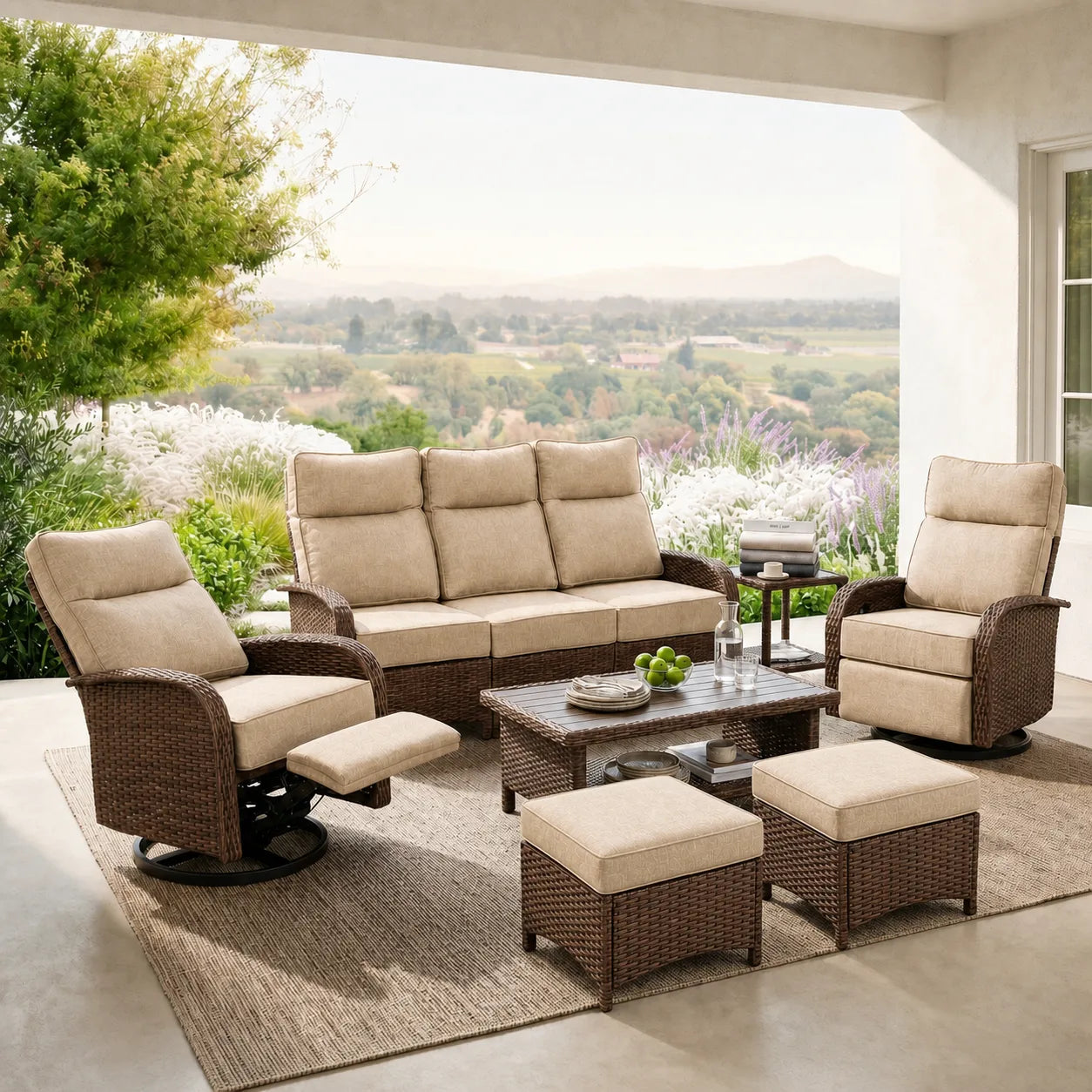 Velscape Beige 7PC Patio Wicker Swivel Glider Recliner Motion Sofa Set